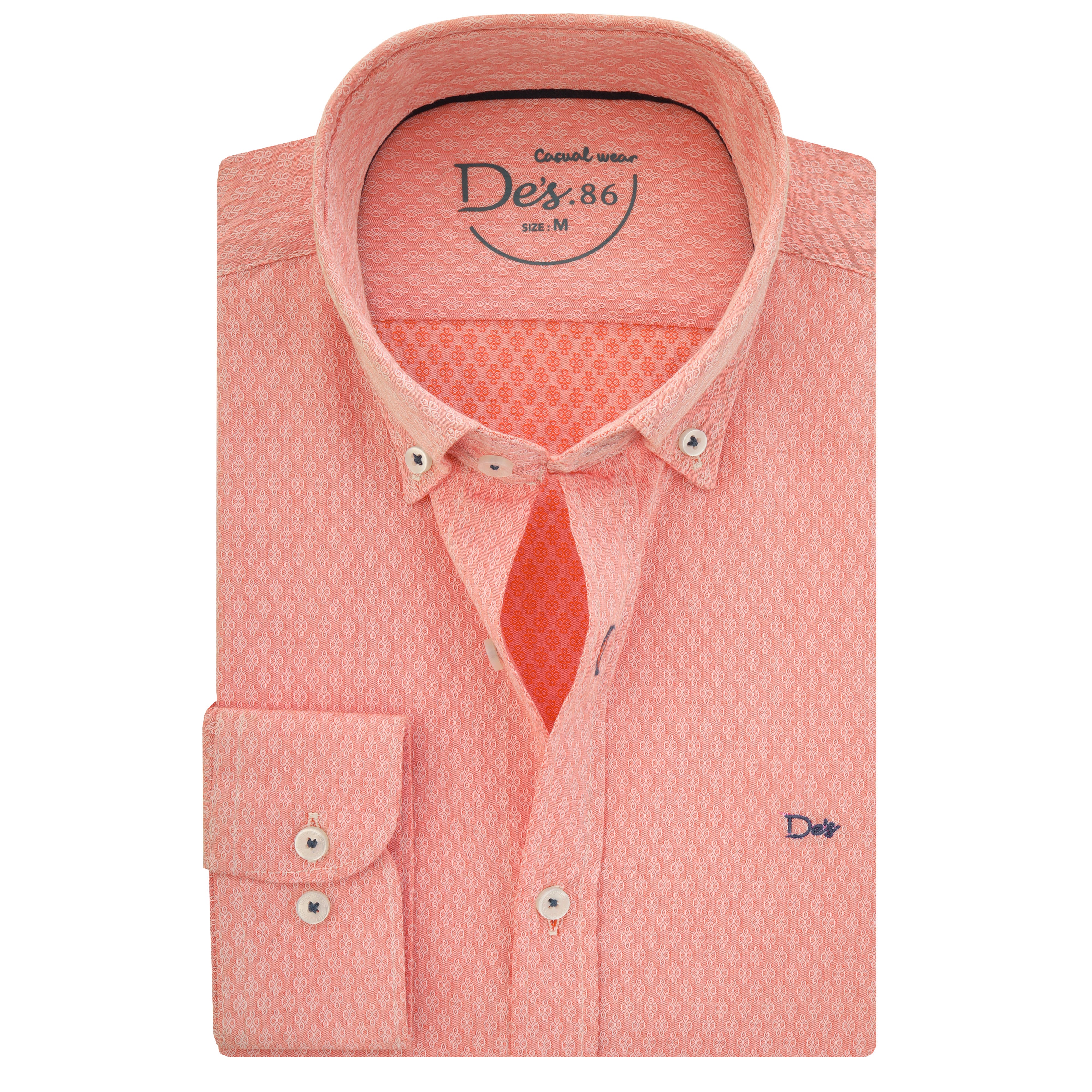 Jacquard Light Coral Cotton Casual Shir - 5