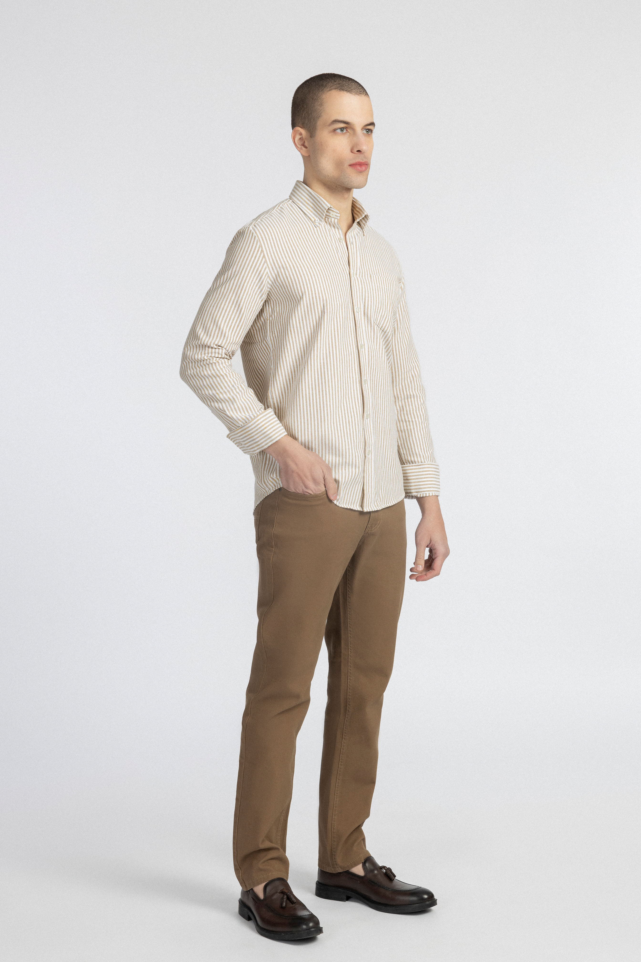 Striped Oxford Beige Casual Shirt with Pocket - 4