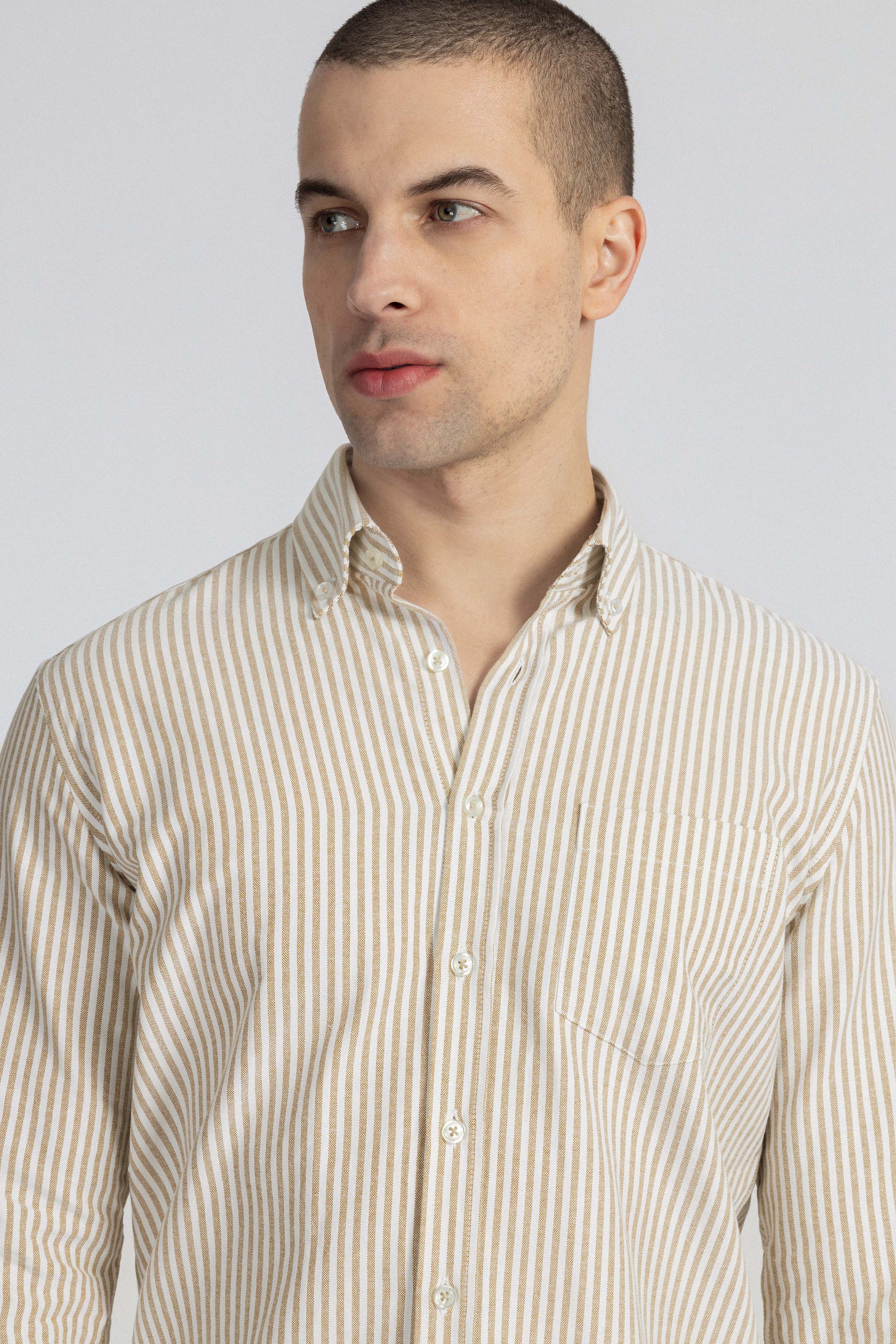 Striped Oxford Beige Casual Shirt with Pocket - 3
