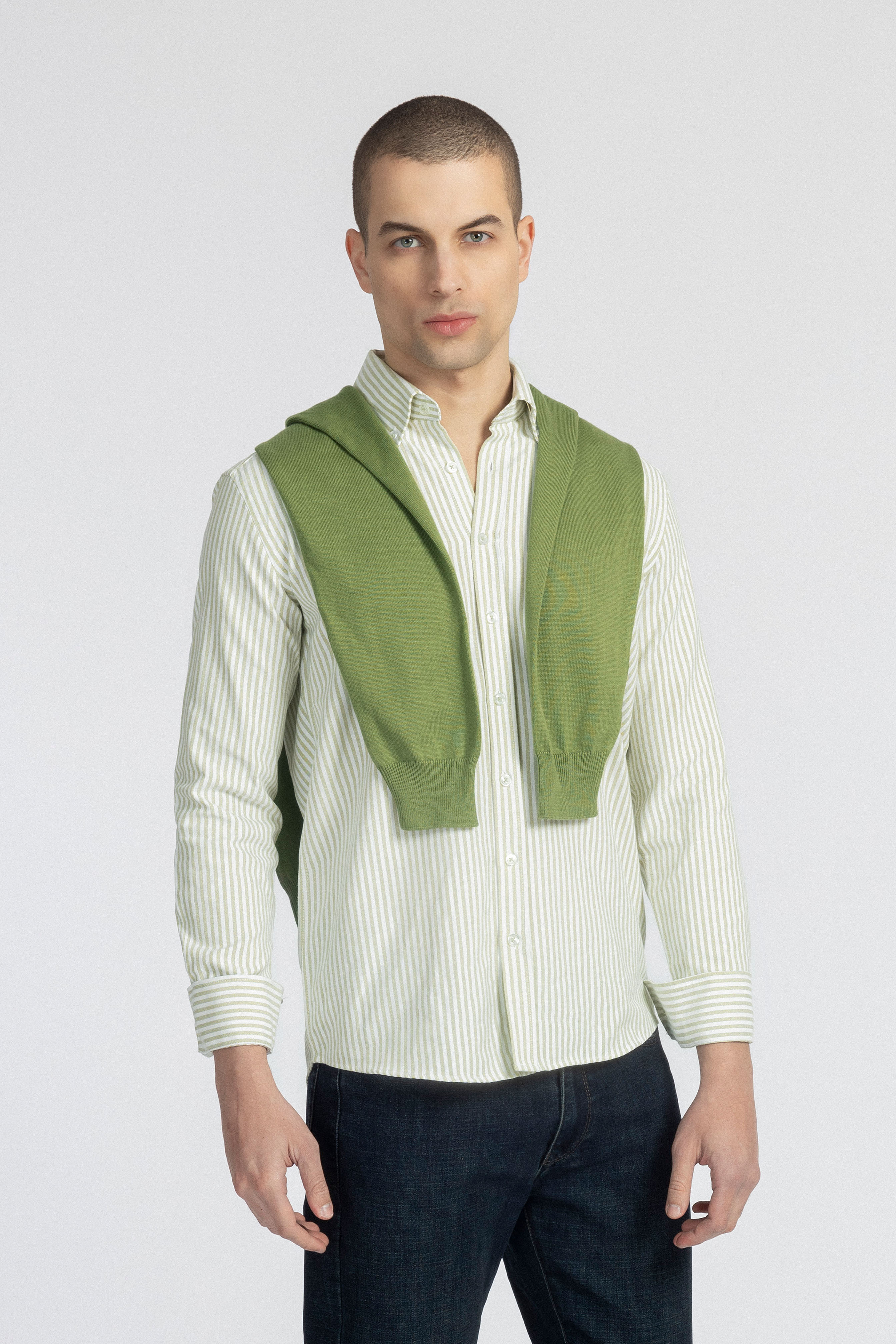 Striped Oxford Pistachio Casual Shirt with Pocket - 2