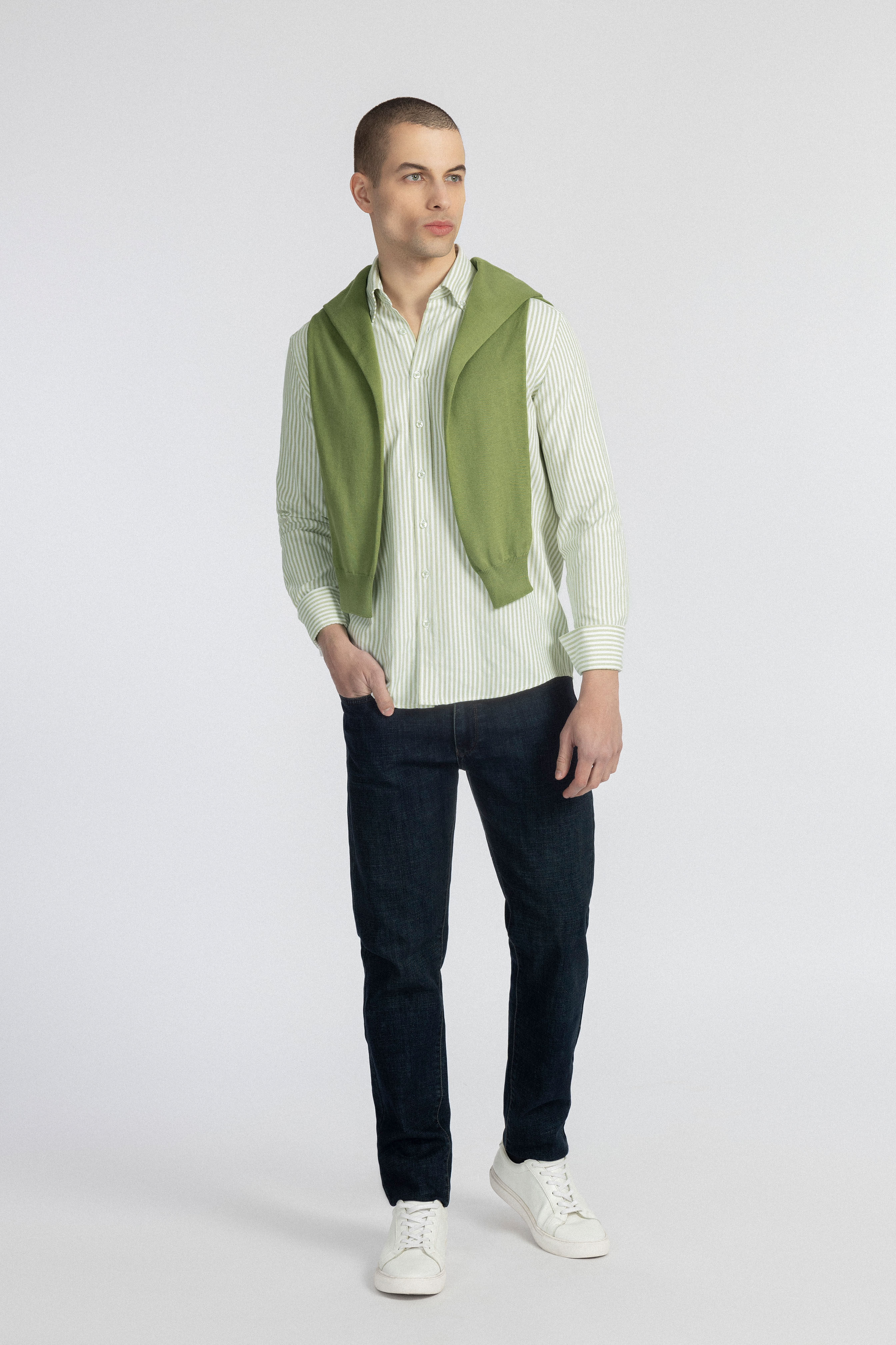 Striped Oxford Pistachio Casual Shirt with Pocket - 3
