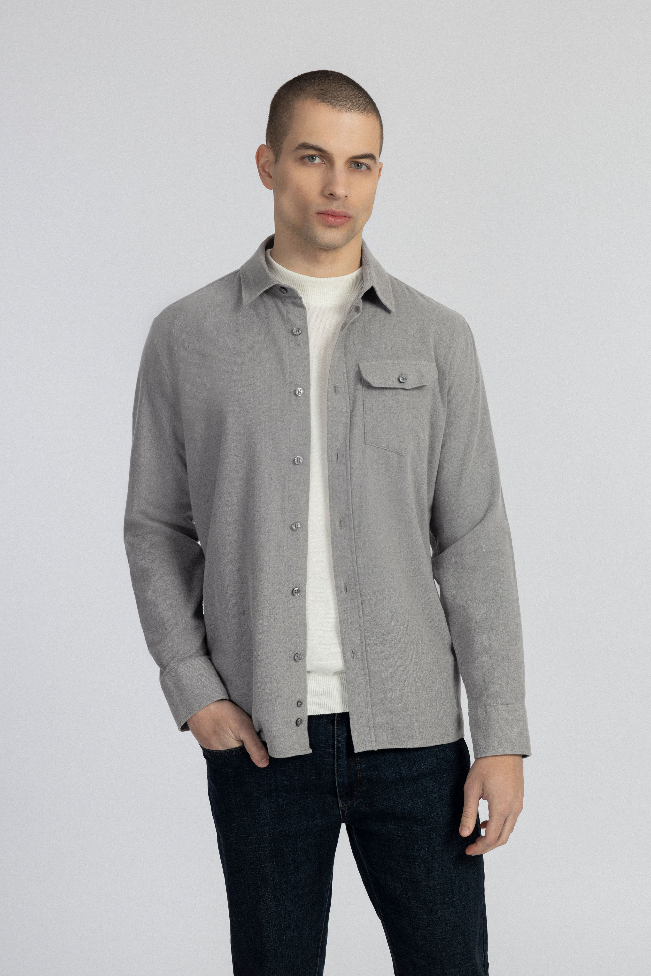 Light Gray Wool Casual Shirt - 2
