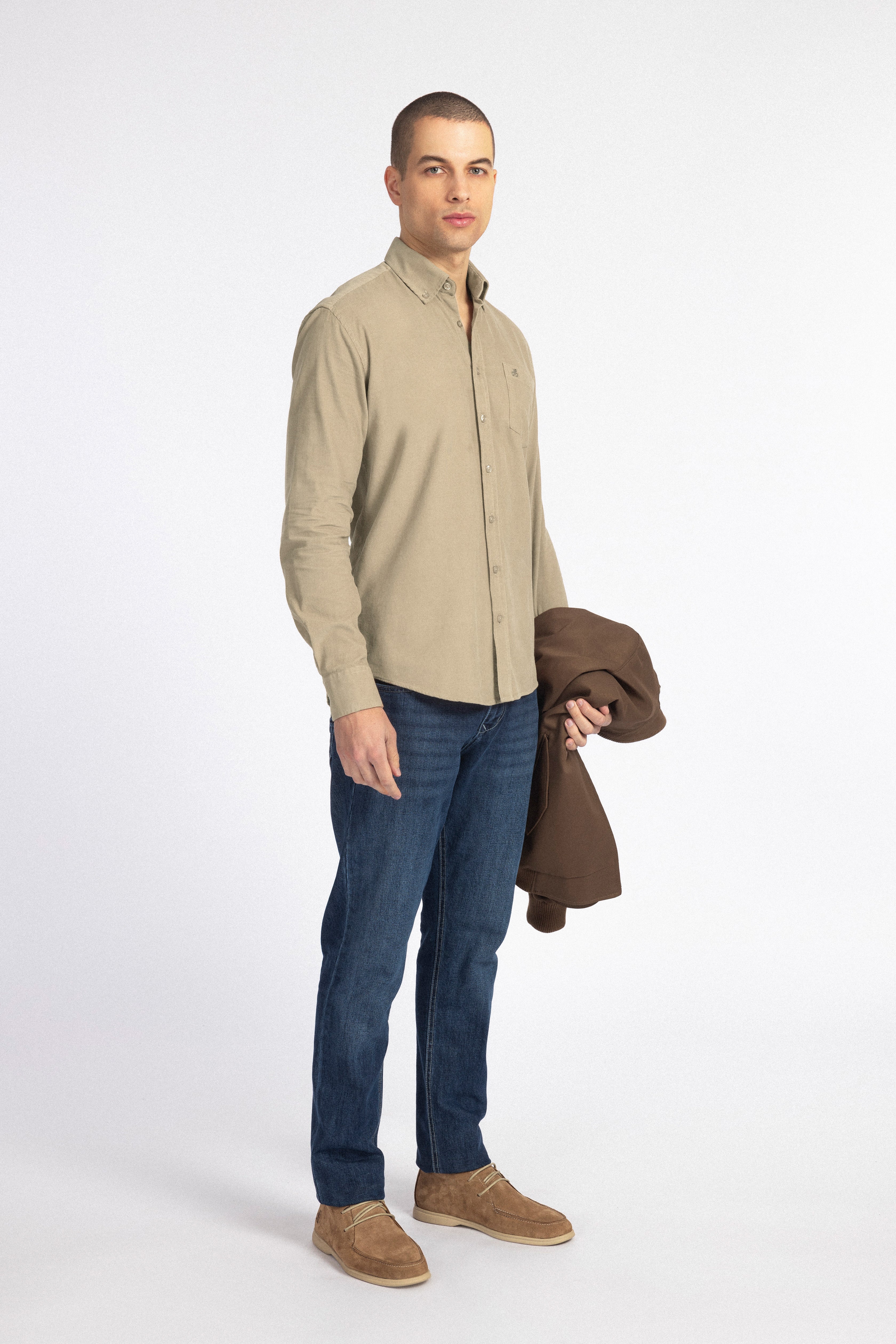 Khaki Button-Up Velvet Over-Shirt - 1