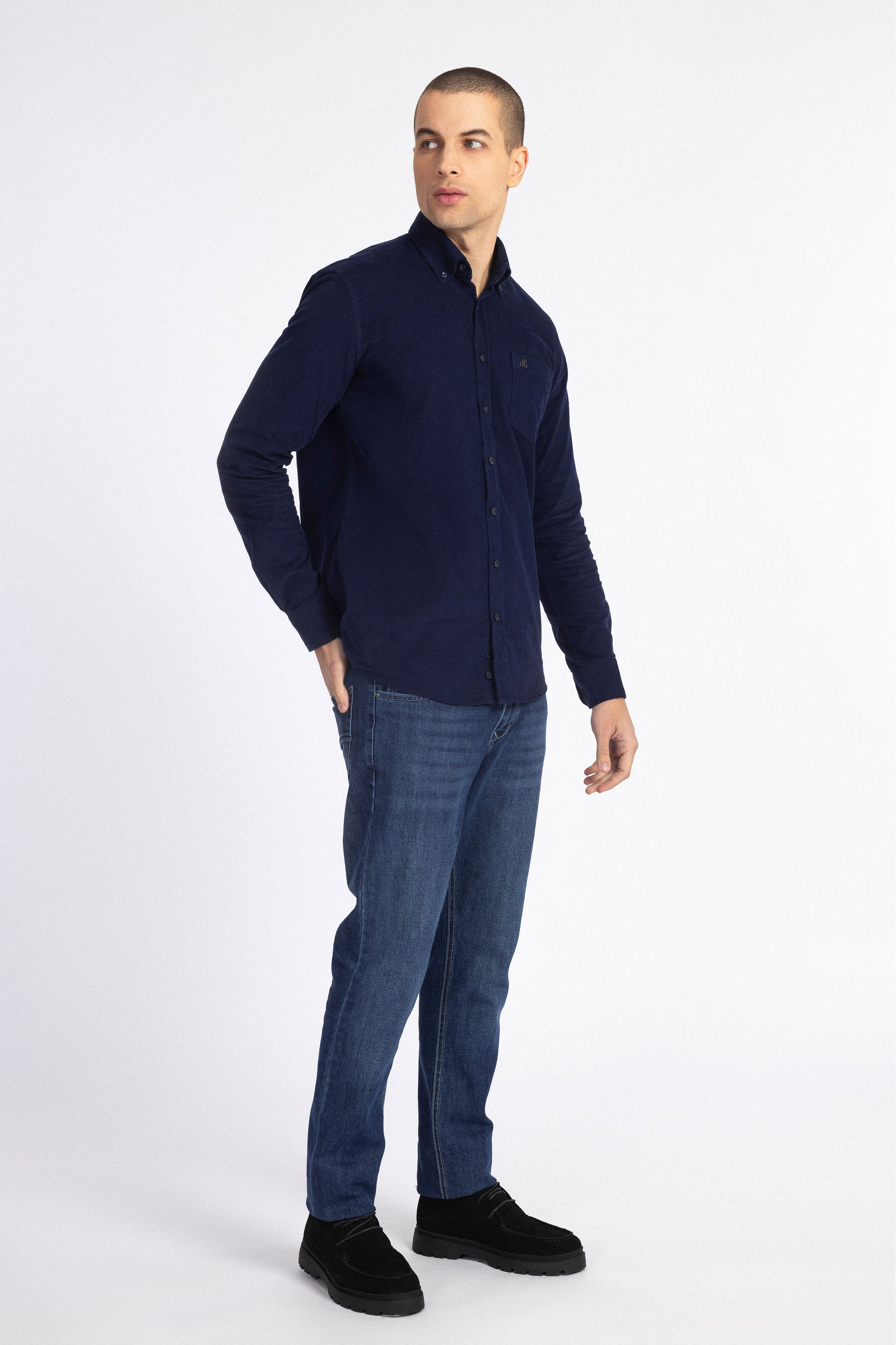 Navy Button-Up Velvet Over-Shirt - 5