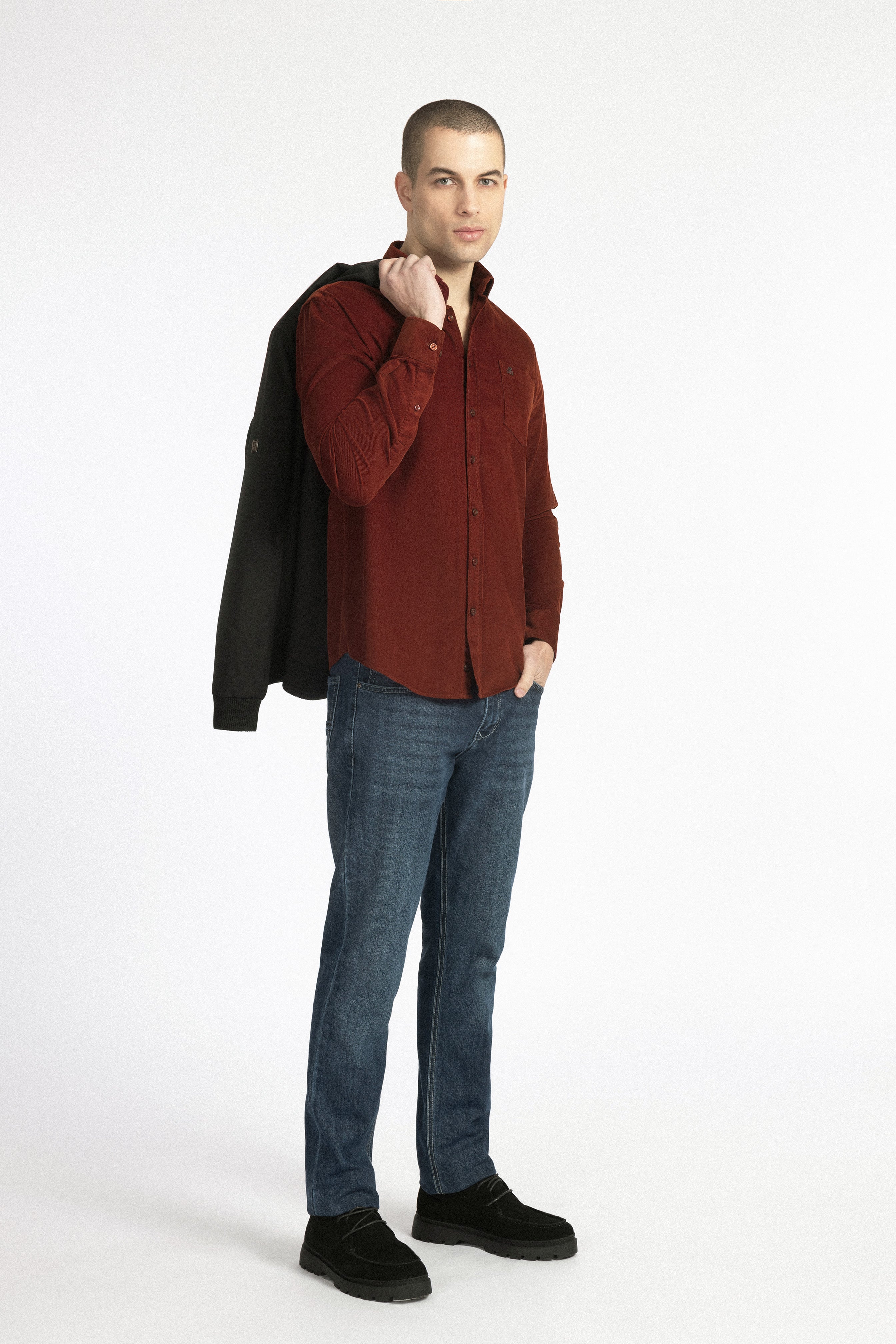 Burgundy Button-Up Velvet Over-Shirt - 5