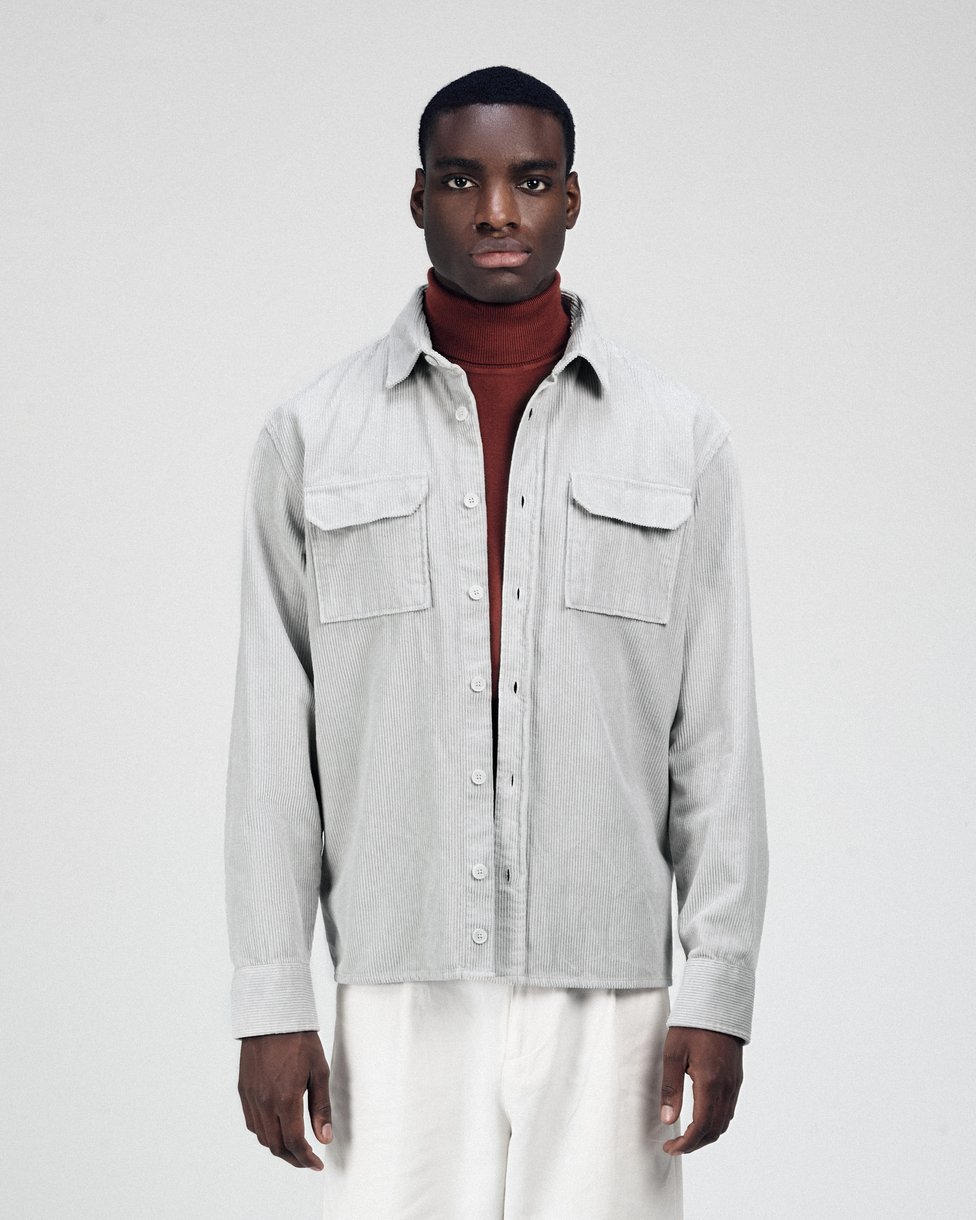 Light Gray Button-Up Lumberjack Velvet Over-Shirt - 2