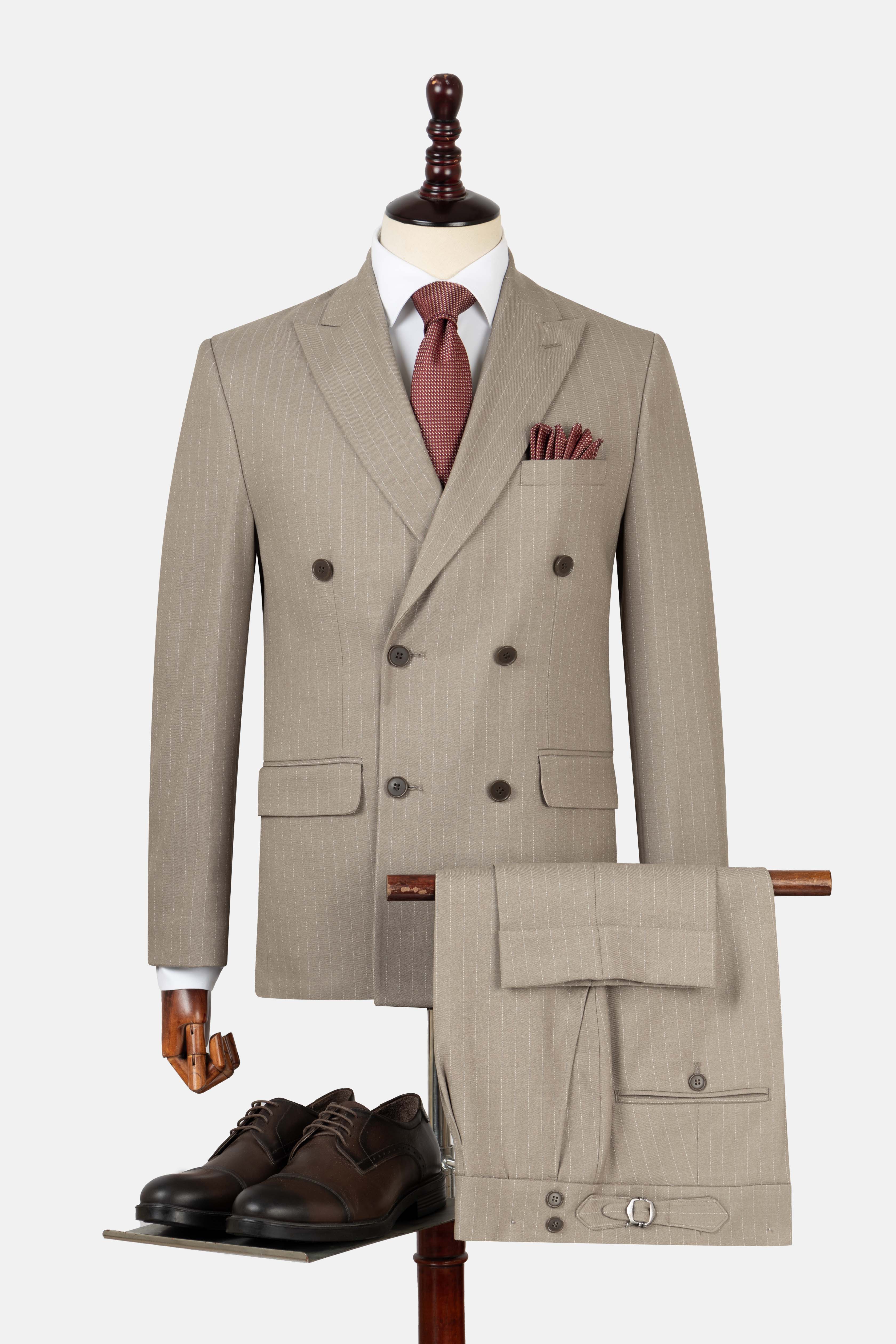 Striped Double Breasted Khaki Suit