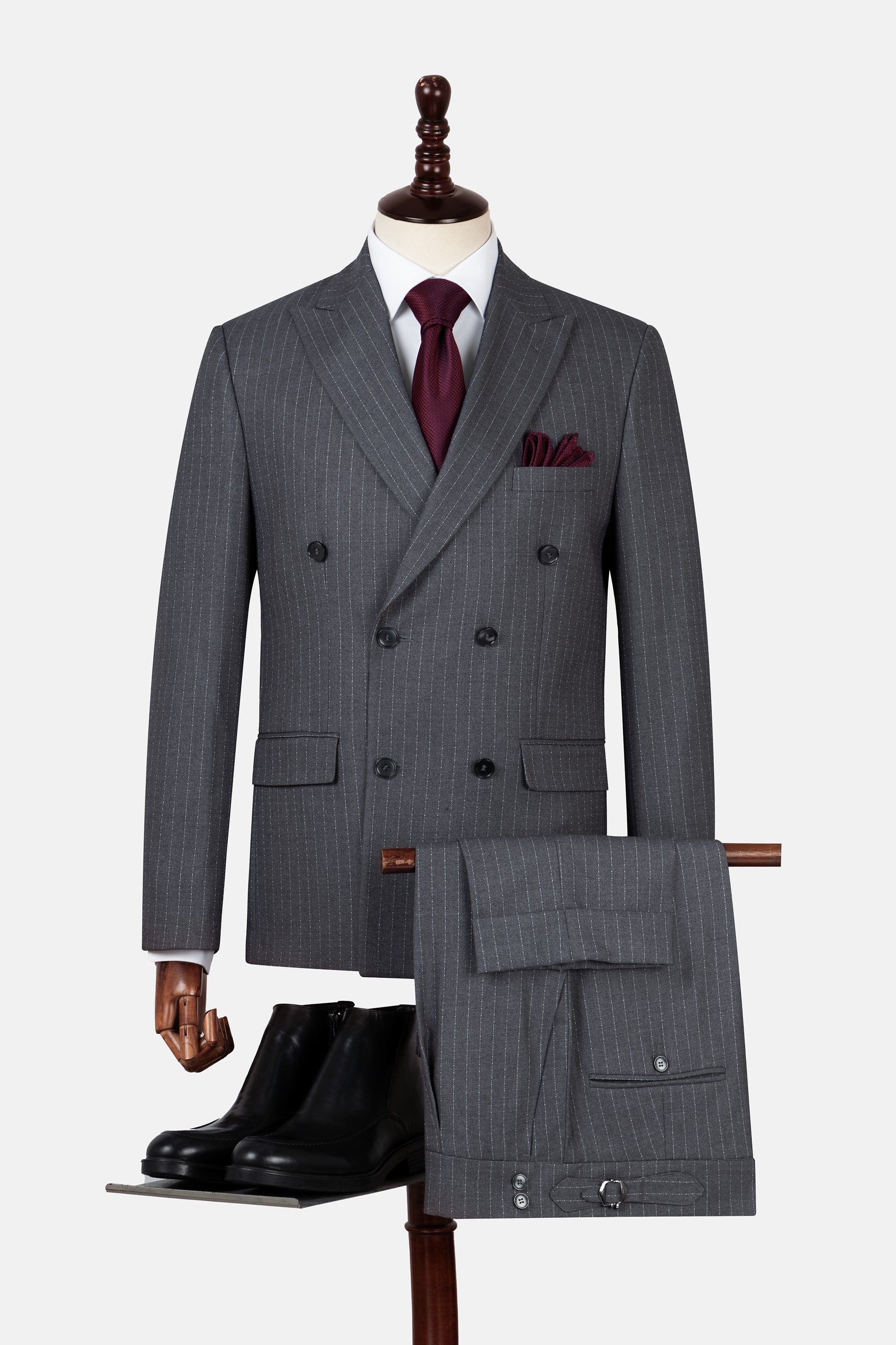 Striped Double Breasted Dark Gray Suit