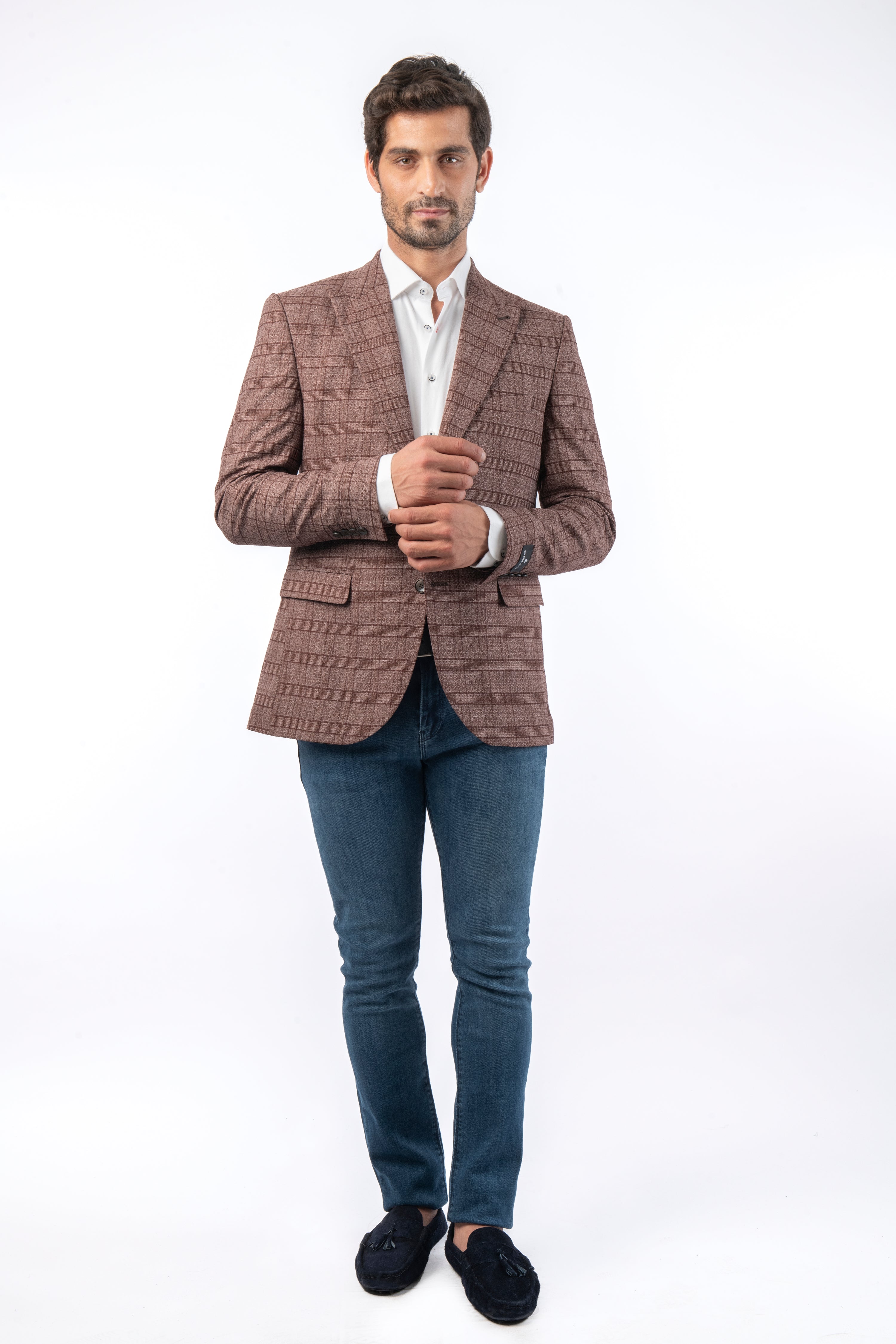 Woven Checked Jacquard Rose Taupe Slim Blazer - 2