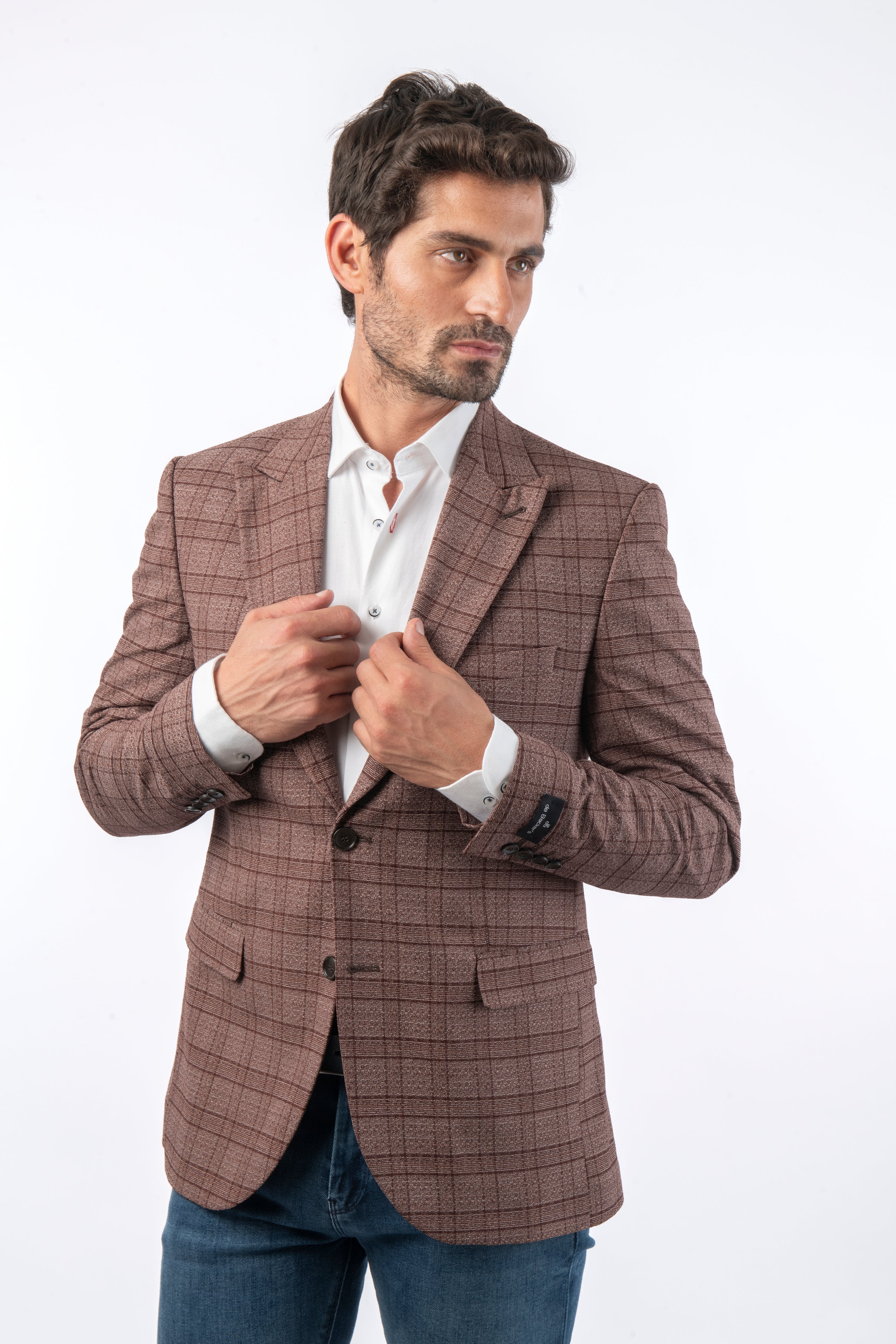 Woven Checked Jacquard Rose Taupe Slim Blazer - 1