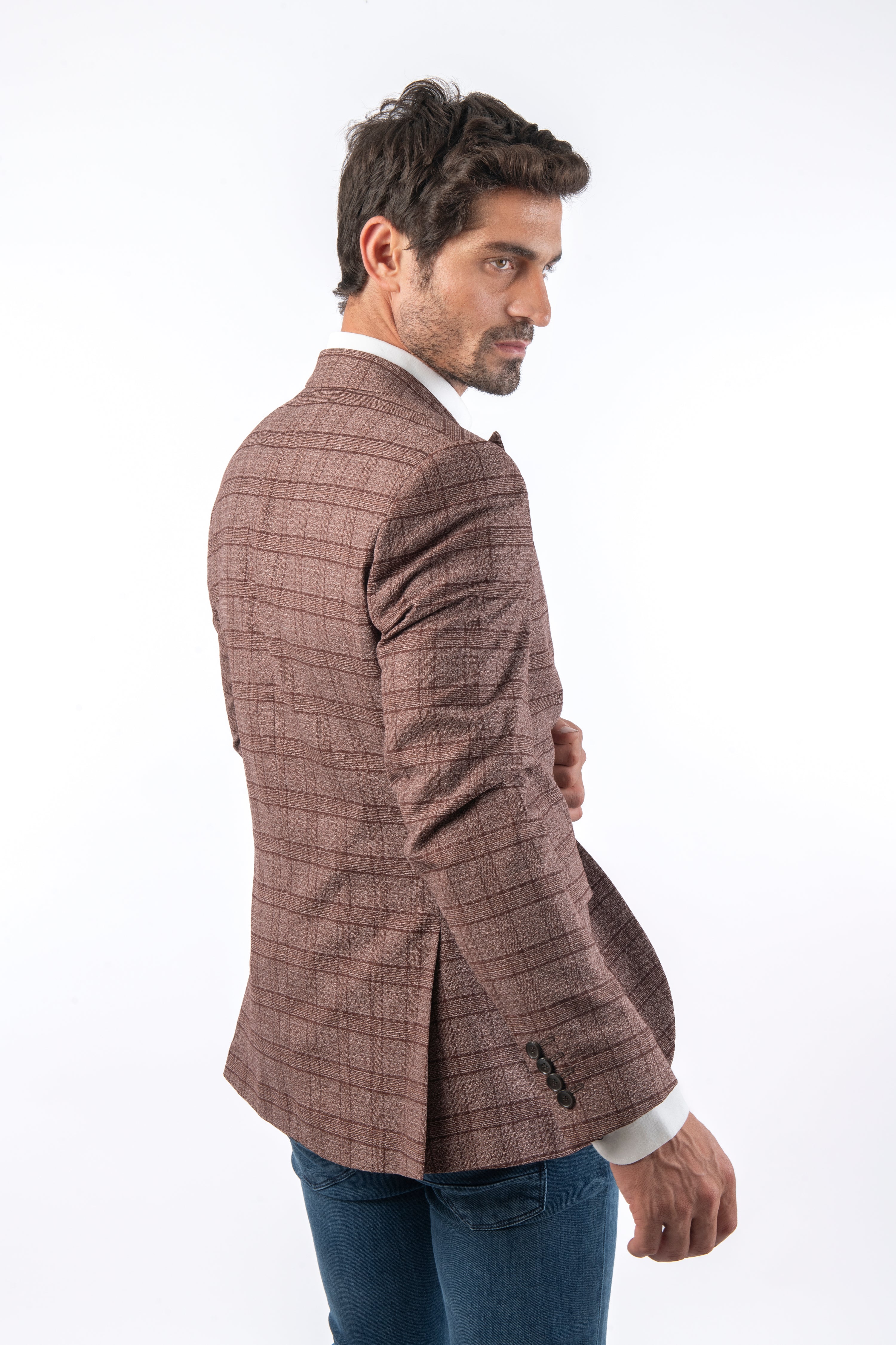Woven Checked Jacquard Rose Taupe Slim Blazer - 4