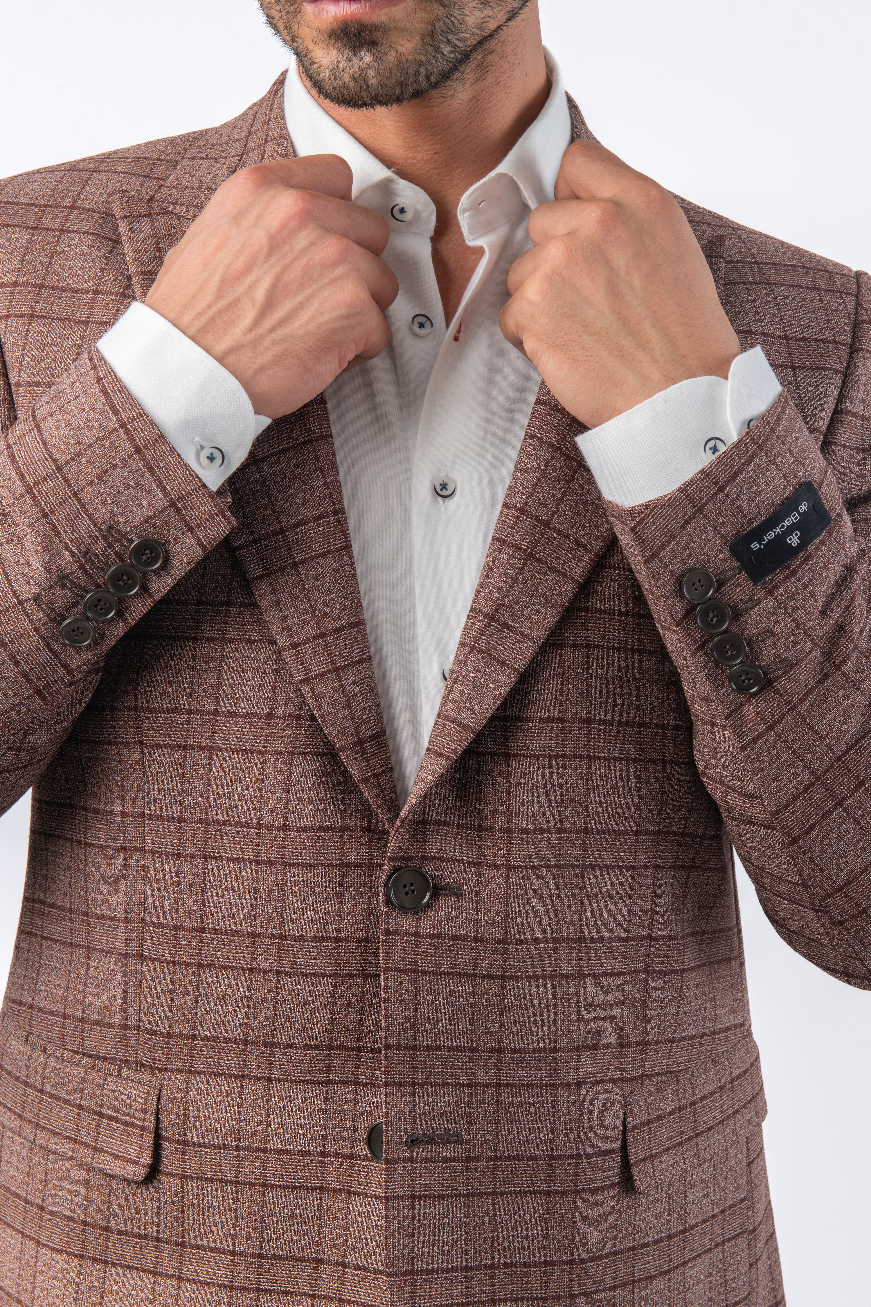 Woven Checked Jacquard Rose Taupe Slim Blazer - 3