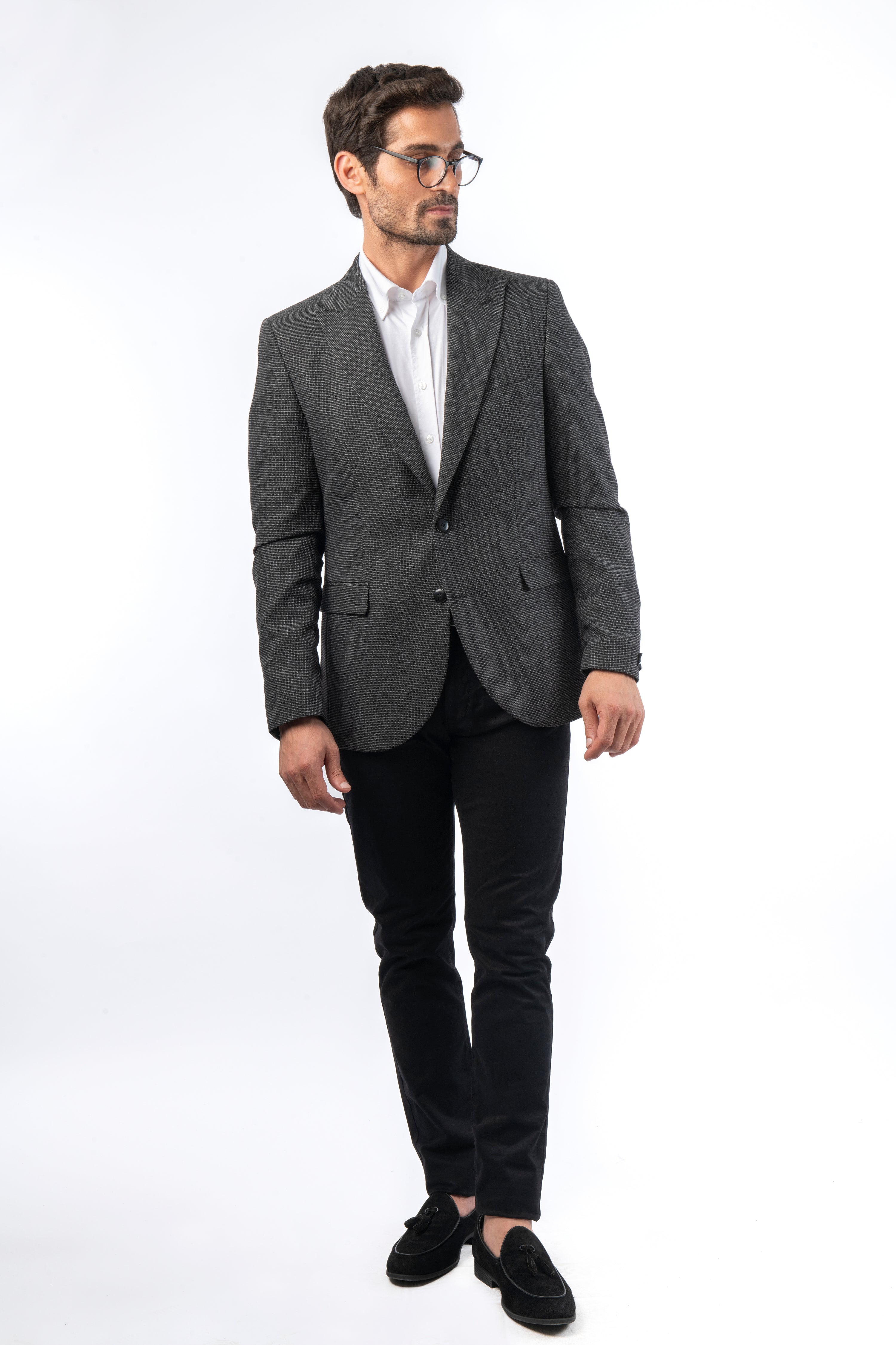 Jacquard Woven Slim Black & Gray Blazer - 2