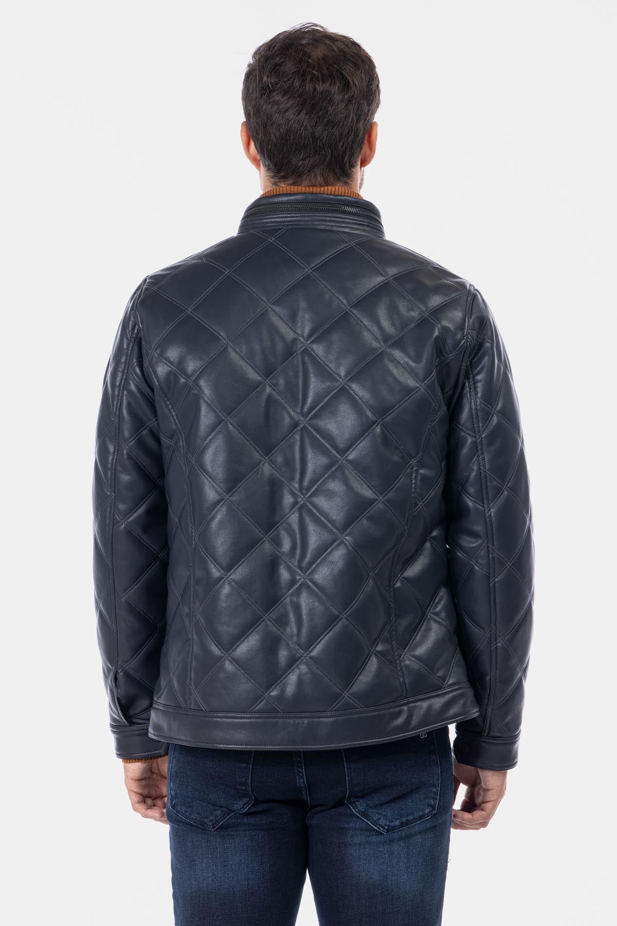 Quilted Dark Navy Leather Jacket - 4