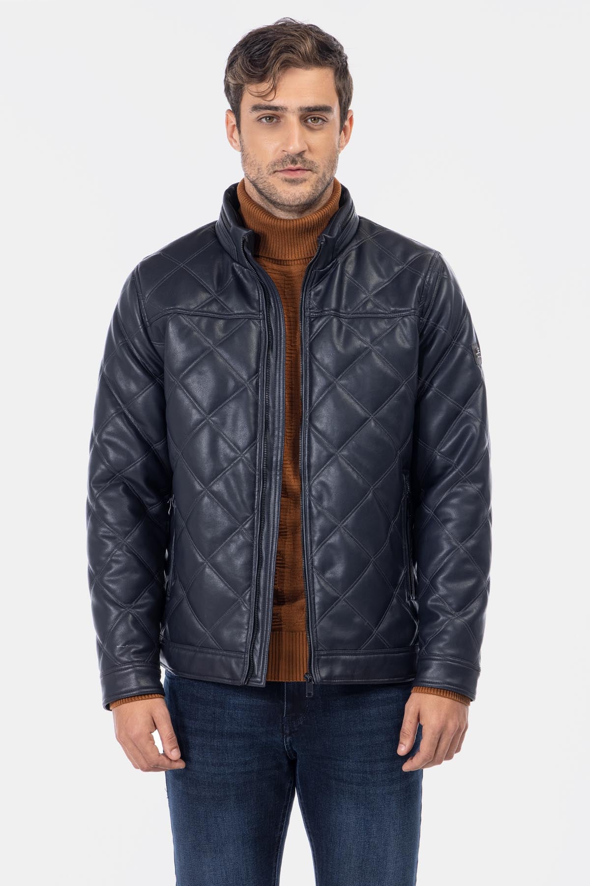 Quilted Dark Navy Leather Jacket - 1