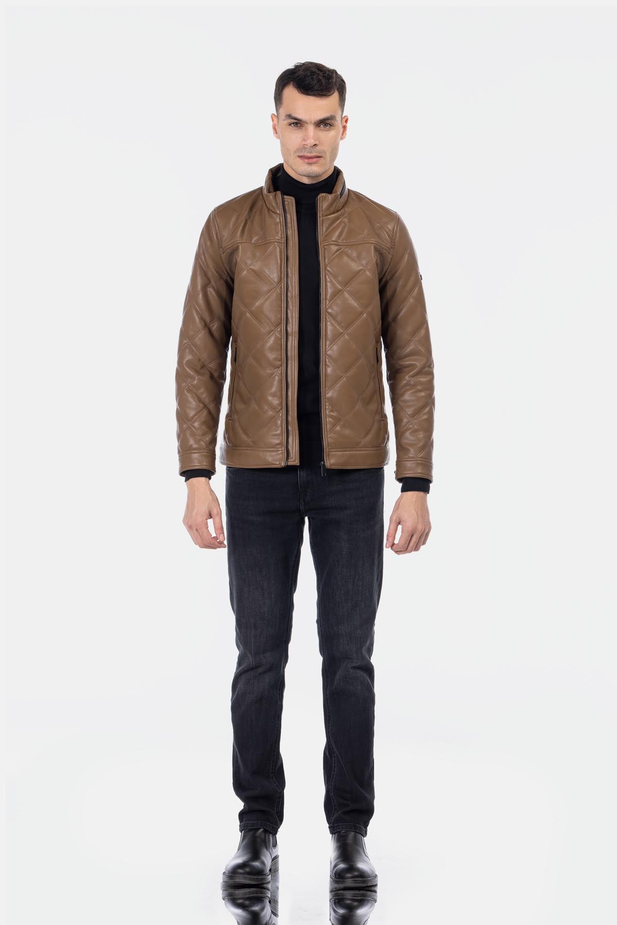 Quilted Dark Raw Umber Leather Jacket - 1