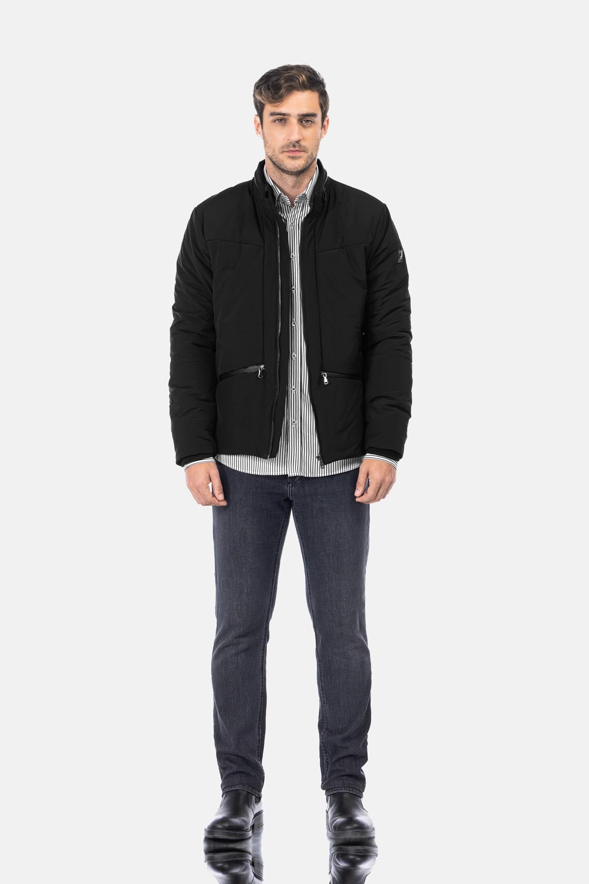 Waterproof Solid Patted Black Sweater Jacket - 1