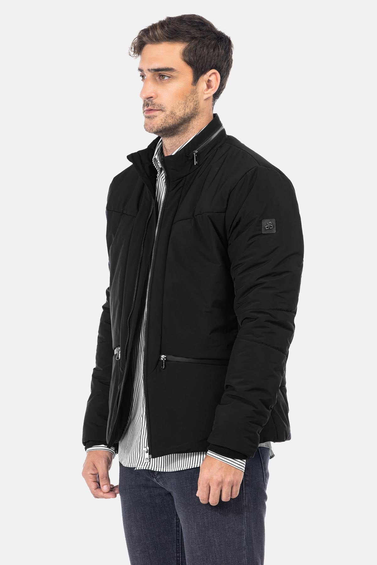 Waterproof Solid Patted Black Sweater Jacket - 2