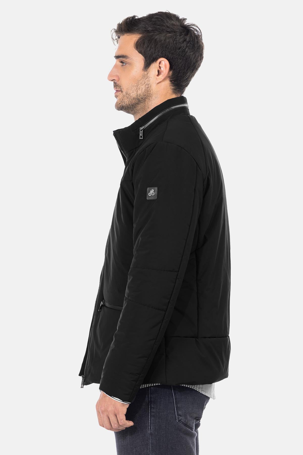 Waterproof Solid Patted Black Sweater Jacket - 3