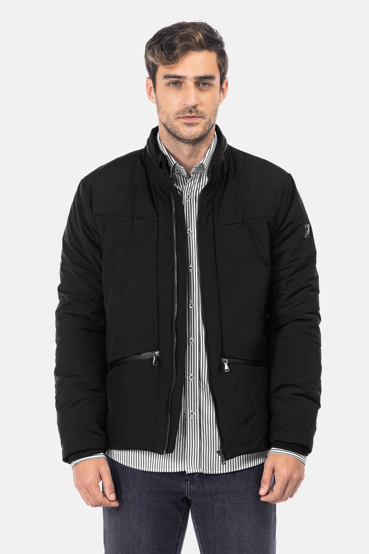 Waterproof Solid Patted Black Sweater Jacket - 5