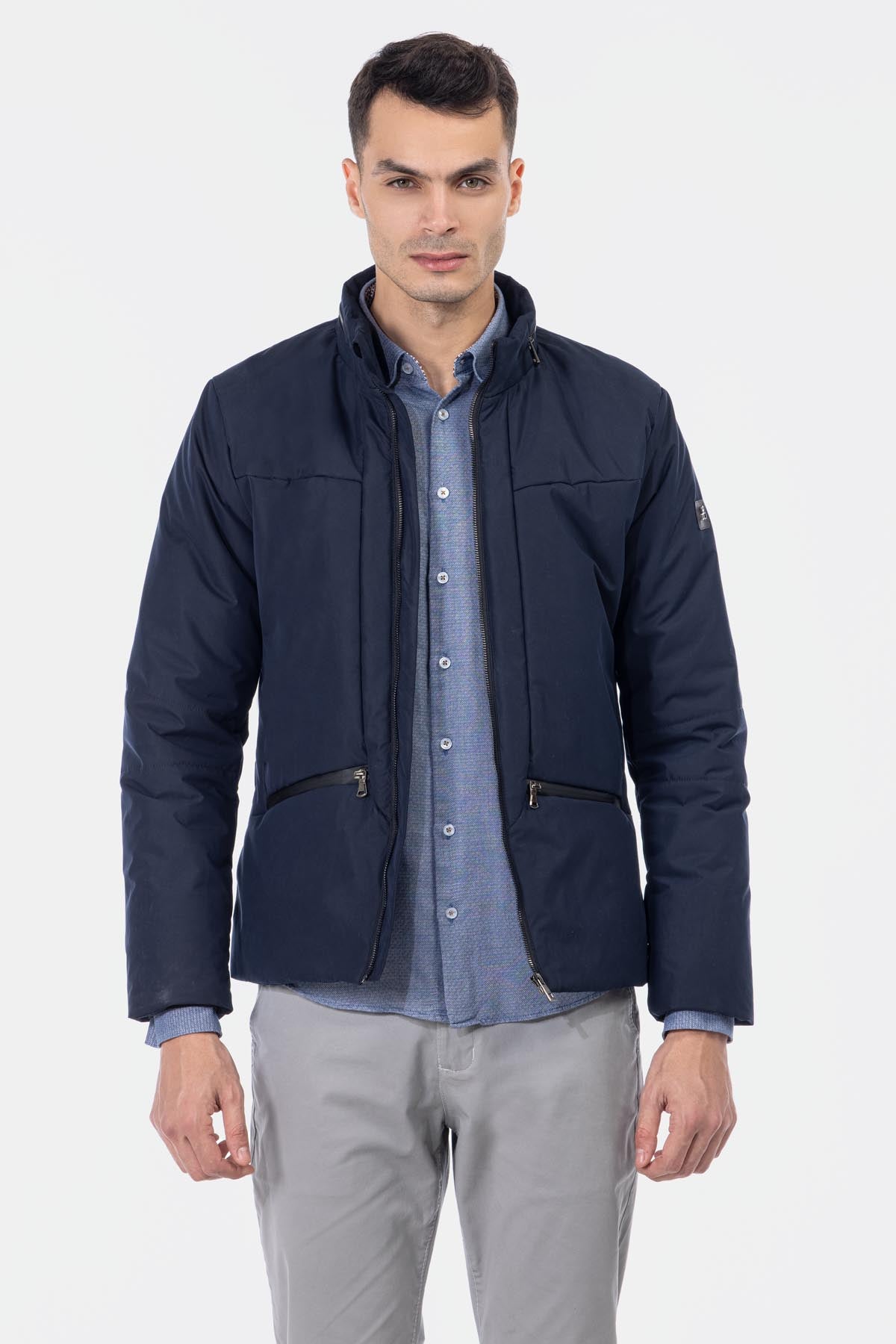 Waterproof Solid Patted Navy Sweater Jacket - 2