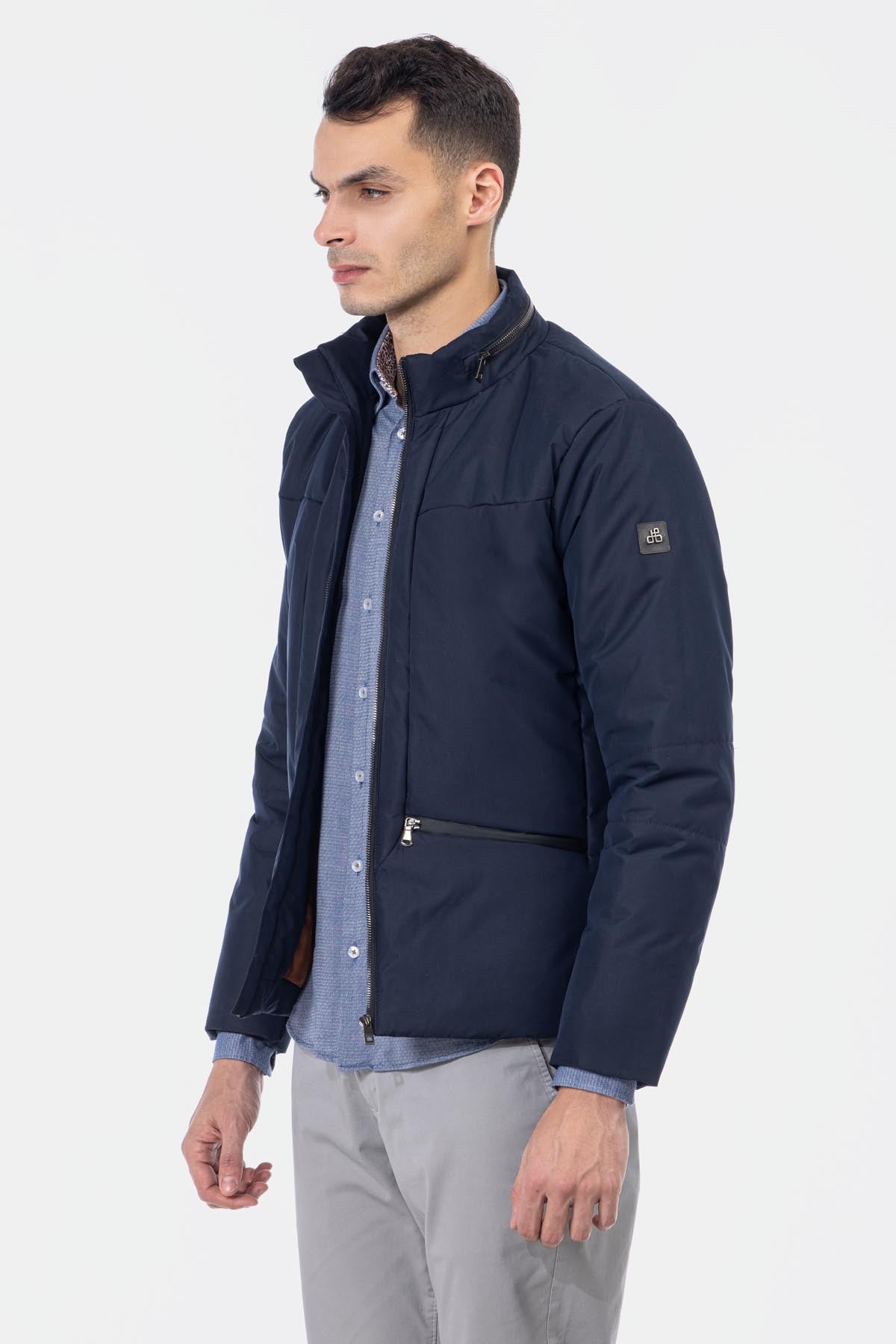 Waterproof Solid Patted Navy Sweater Jacket - 3