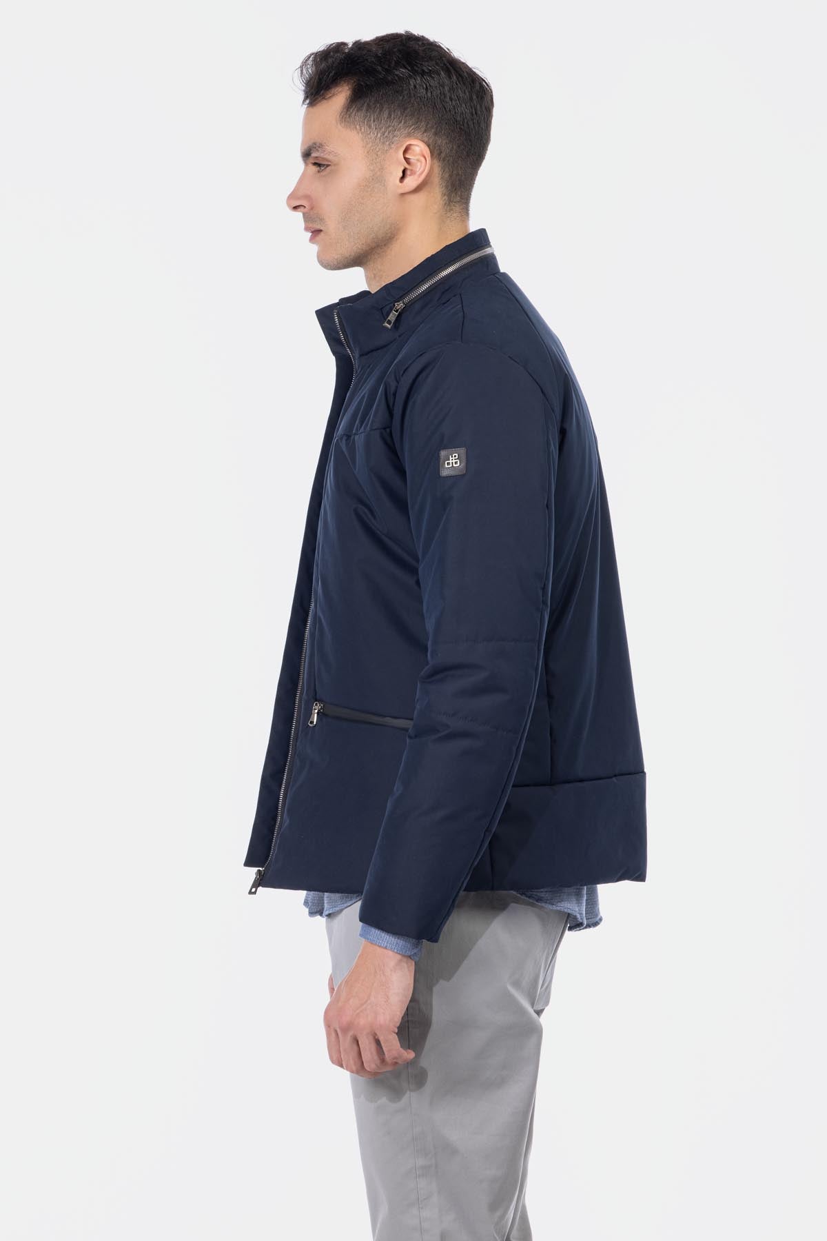 Waterproof Solid Patted Navy Sweater Jacket - 4
