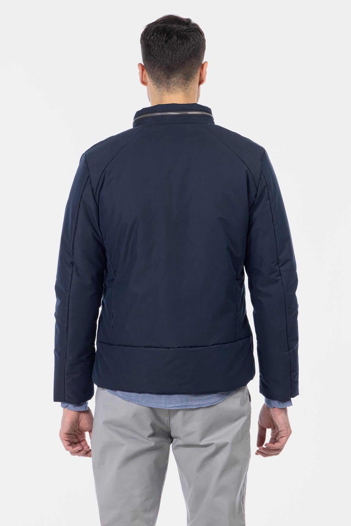 Waterproof Solid Patted Navy Sweater Jacket - 5