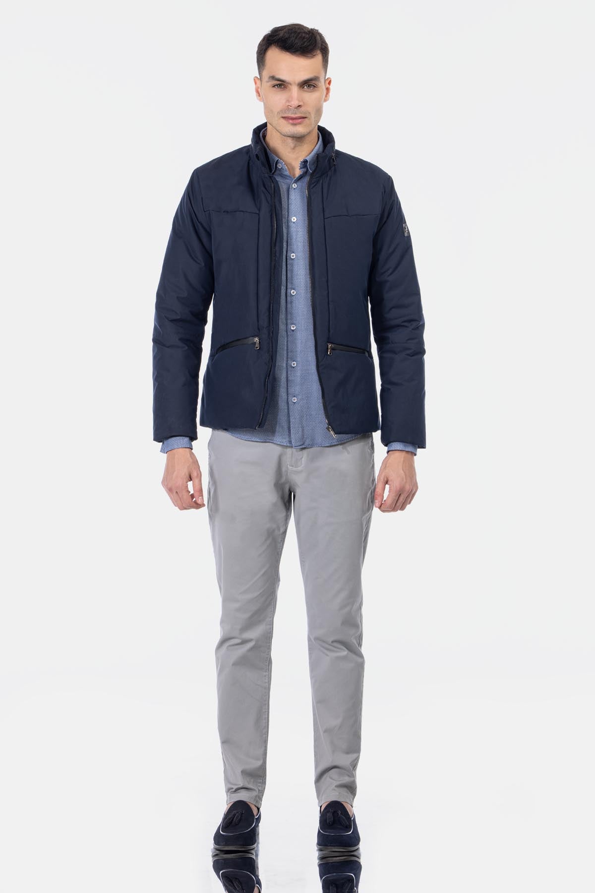 Waterproof Solid Patted Navy Sweater Jacket - 1