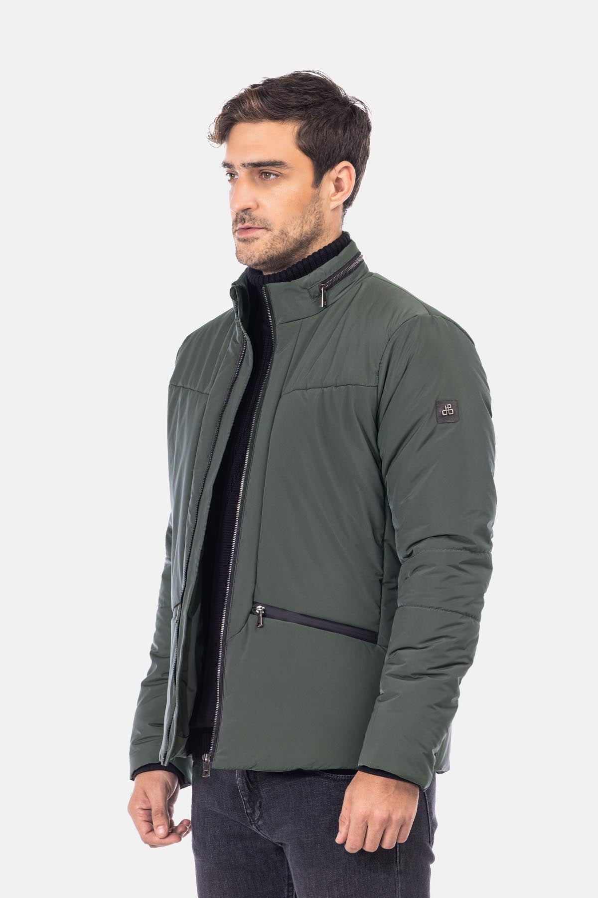 Waterproof Solid Patted Grayish Green Sweater Jacket - 1