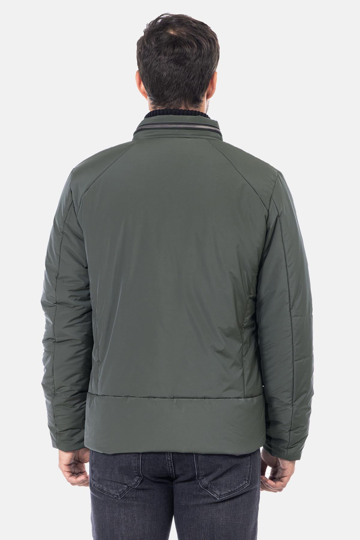 Waterproof Solid Patted Grayish Green Sweater Jacket - 3