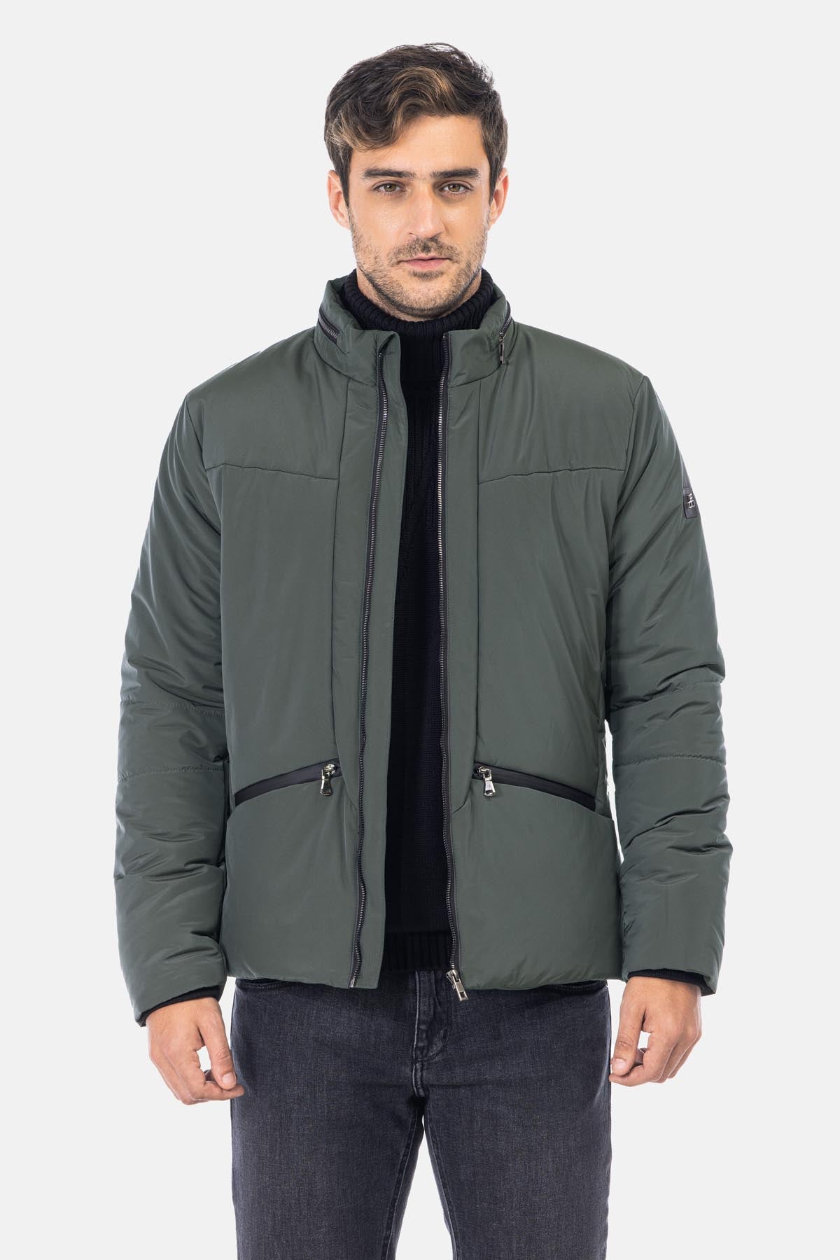 Waterproof Solid Patted Grayish Green Sweater Jacket - 4