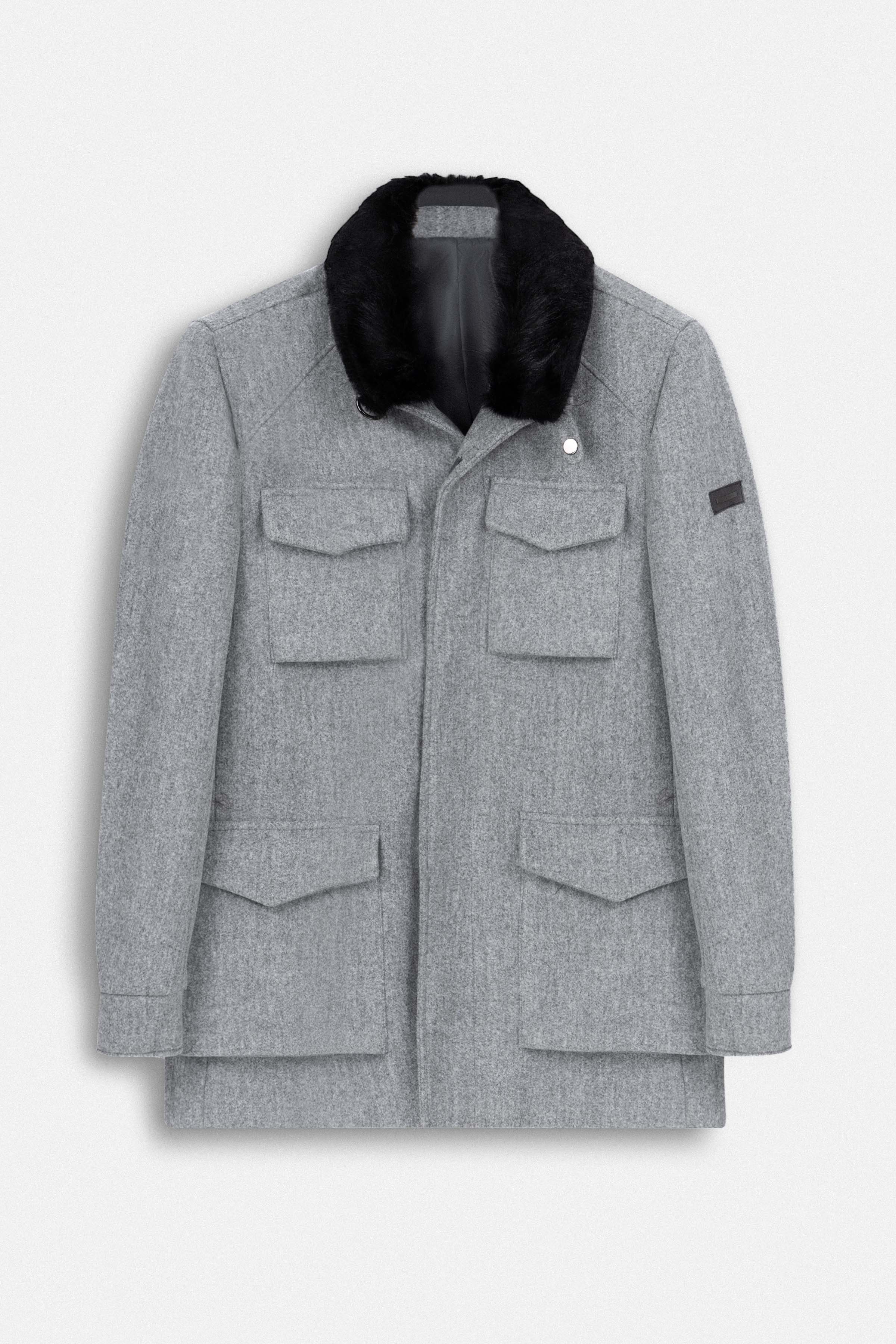 Light Gray Wool Feel Felt Jacket with fur piece