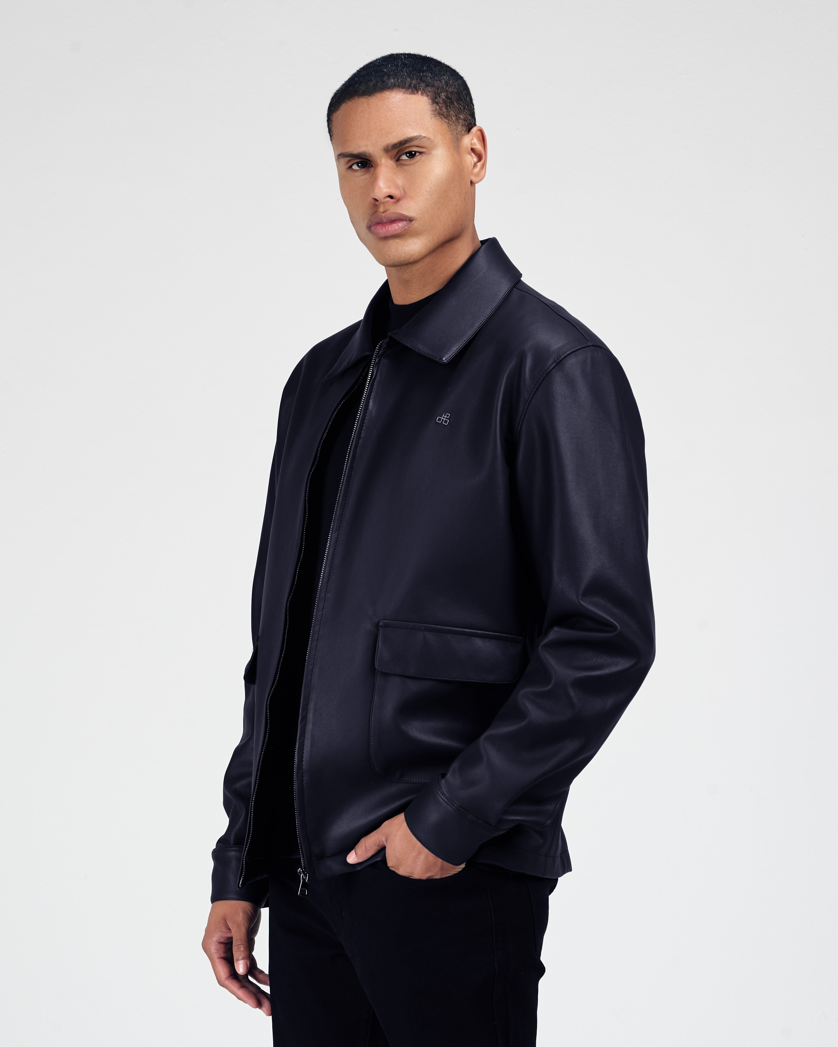 Solid Zip-Up Navy leather Jacket - 4