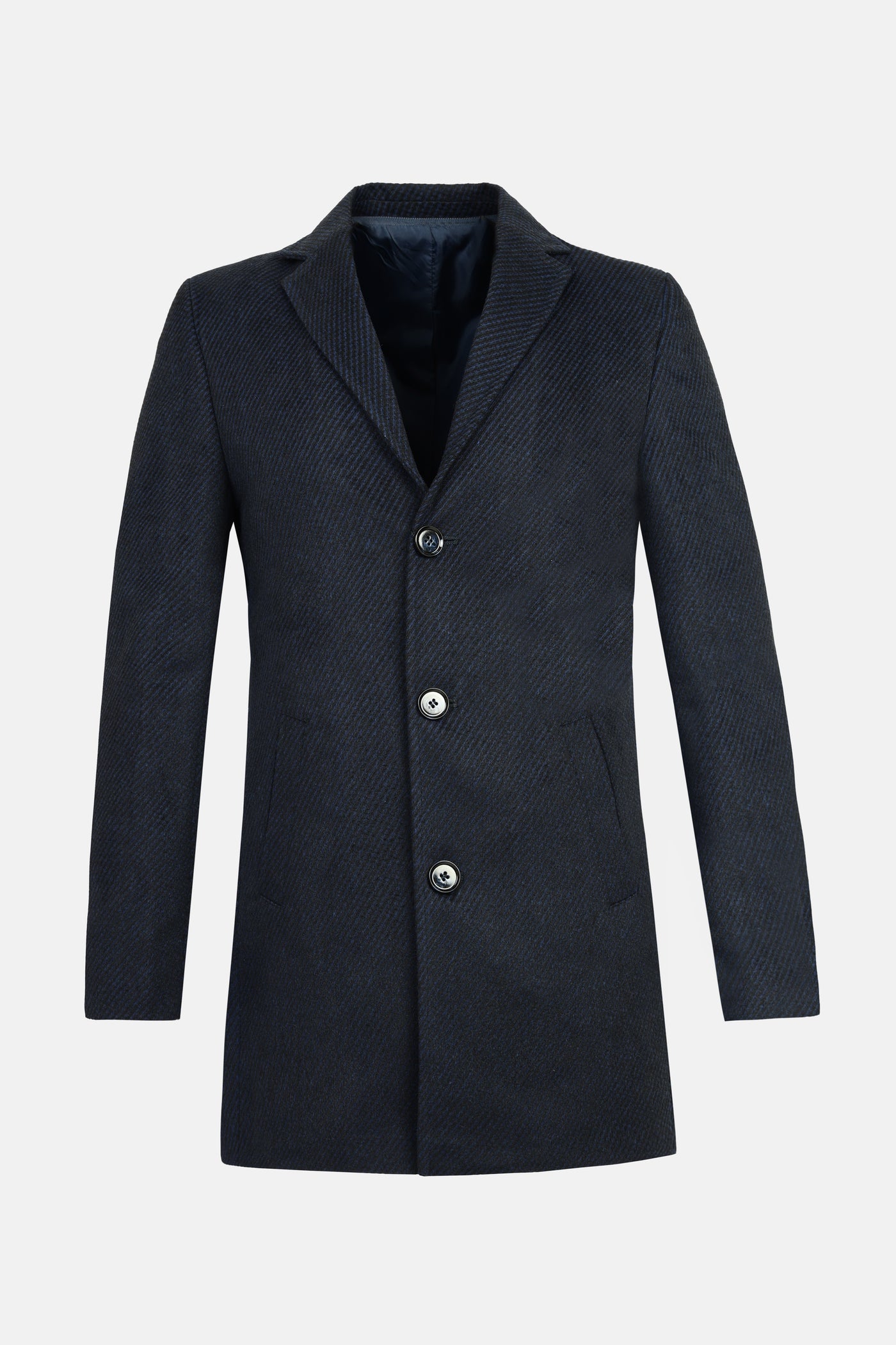 Jacquard Black & Navy Woven wide lapel Coat with removable padded piece