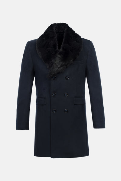 Woven Navy Long Coat with removable Fur piece