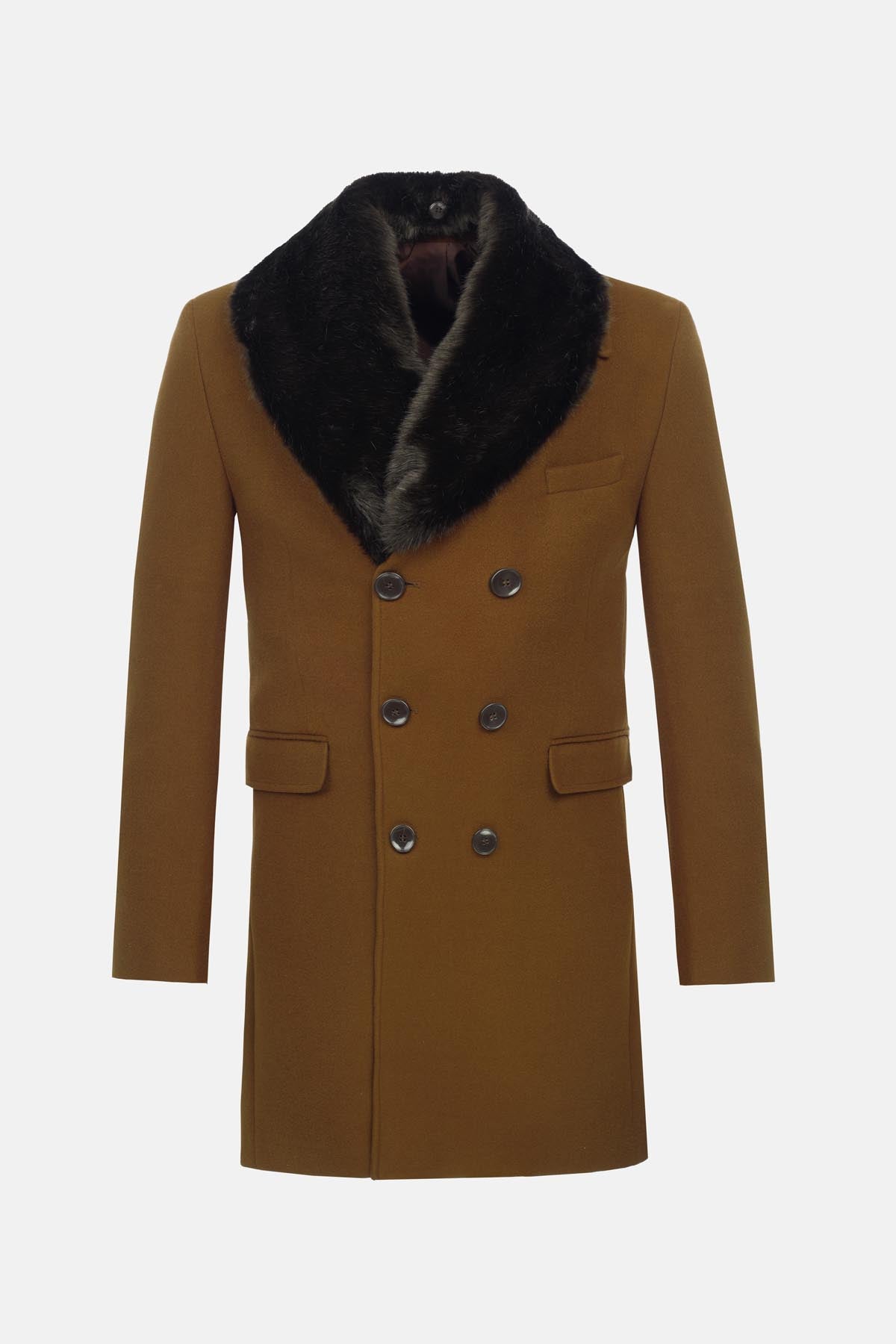 Woven Kobicha Long Coat with removable Fur piece - 1