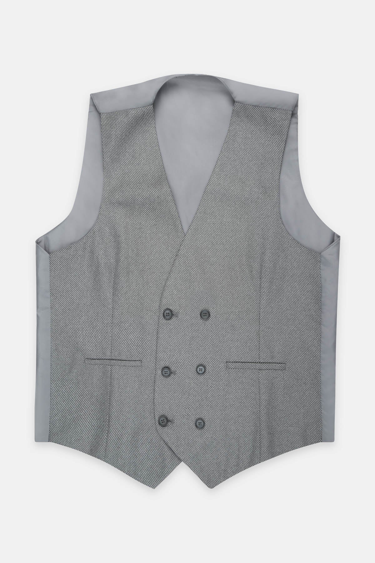 Jacquard Light Gray Twill Double-Breasted Linen Vest - 1