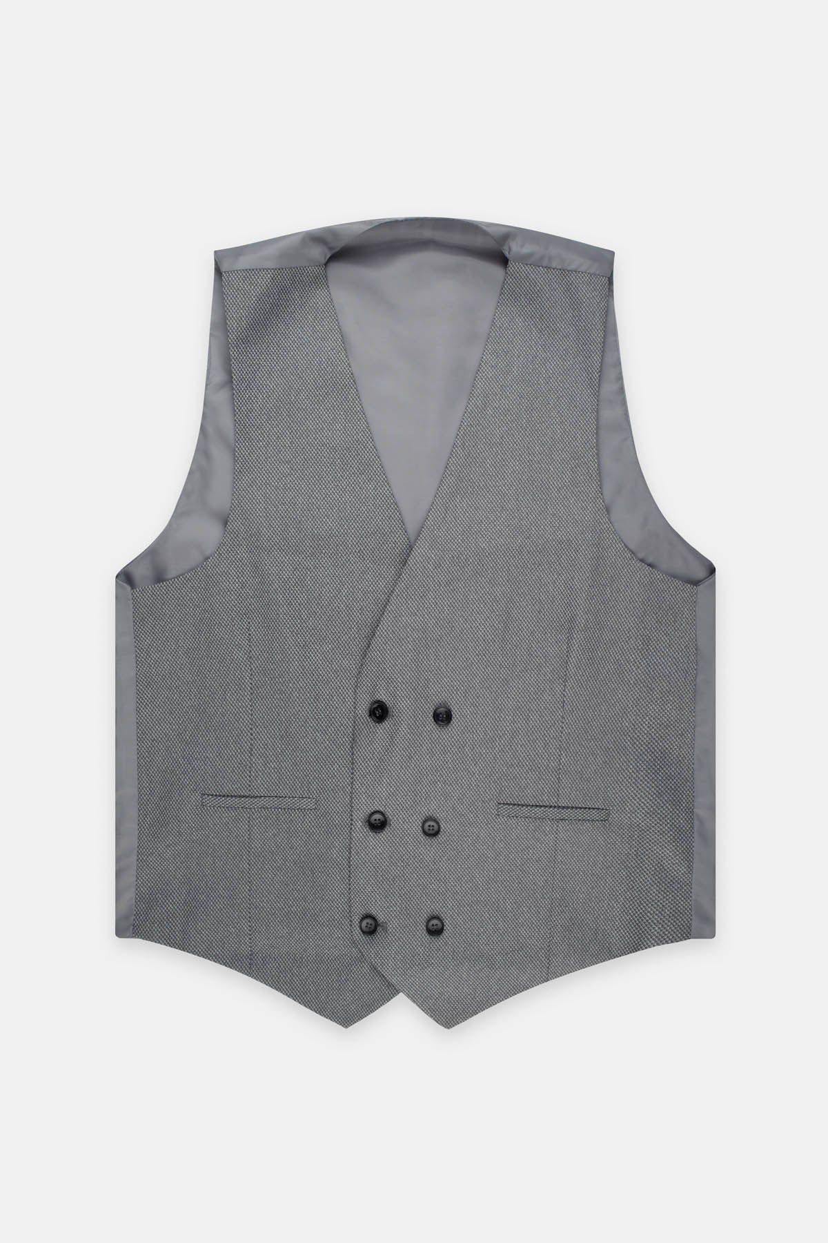 Jacquard Gray Twill Double-Breasted Linen Vest - 1