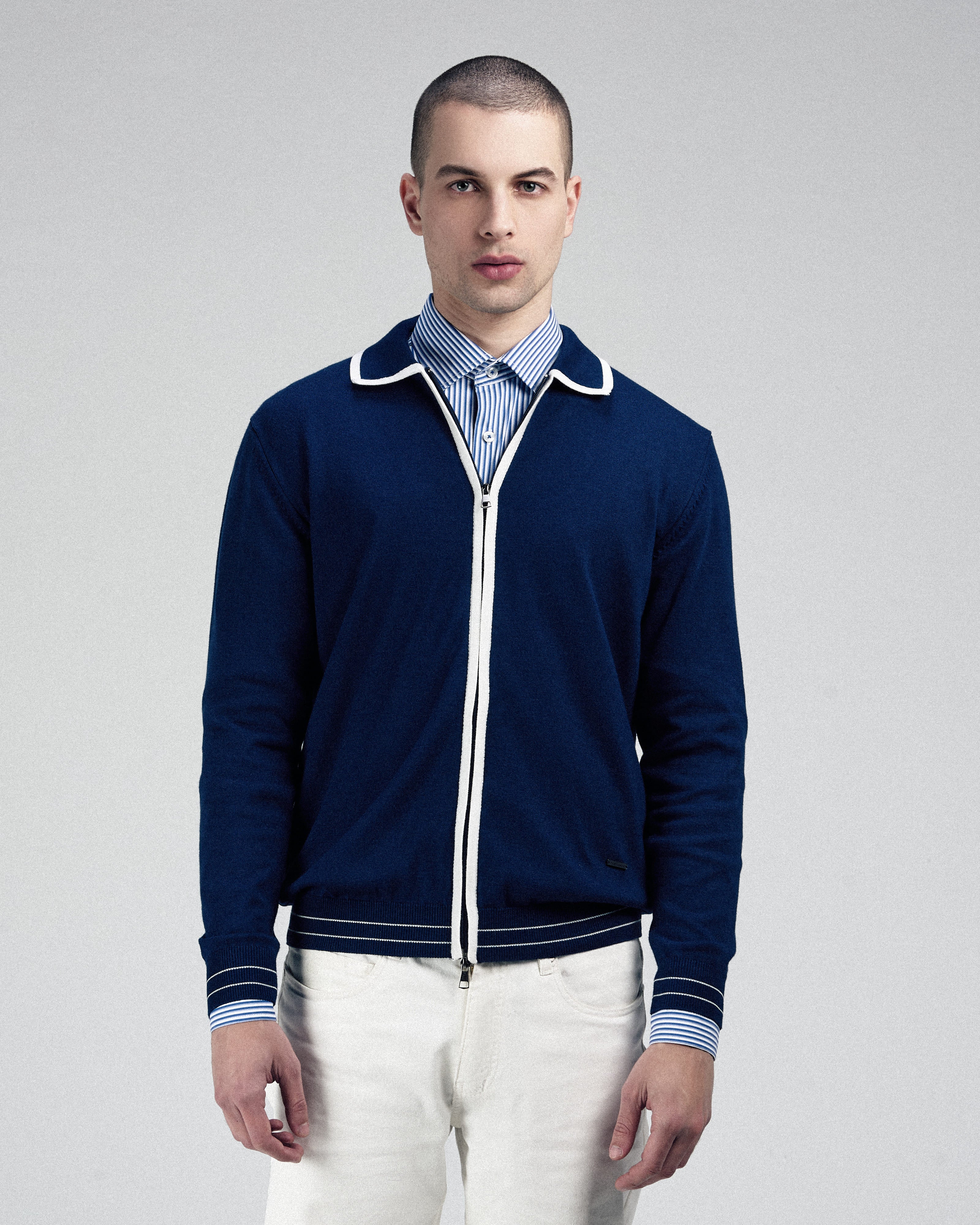 Solid Navy Zip-Up Polo Knitted Jacket - 2