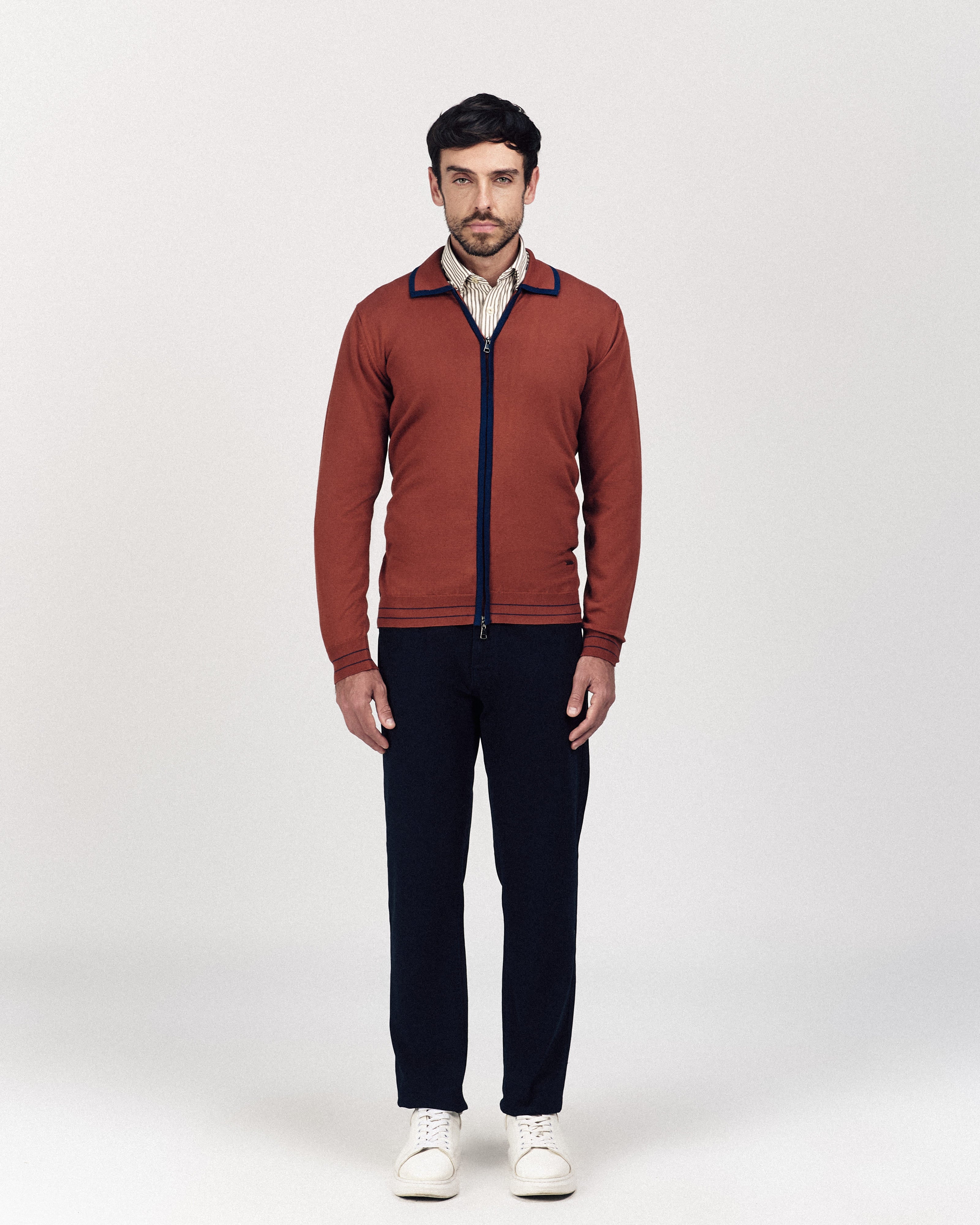 Solid Nutmeg Orange Zip-Up Polo Knitted Jacket - 2