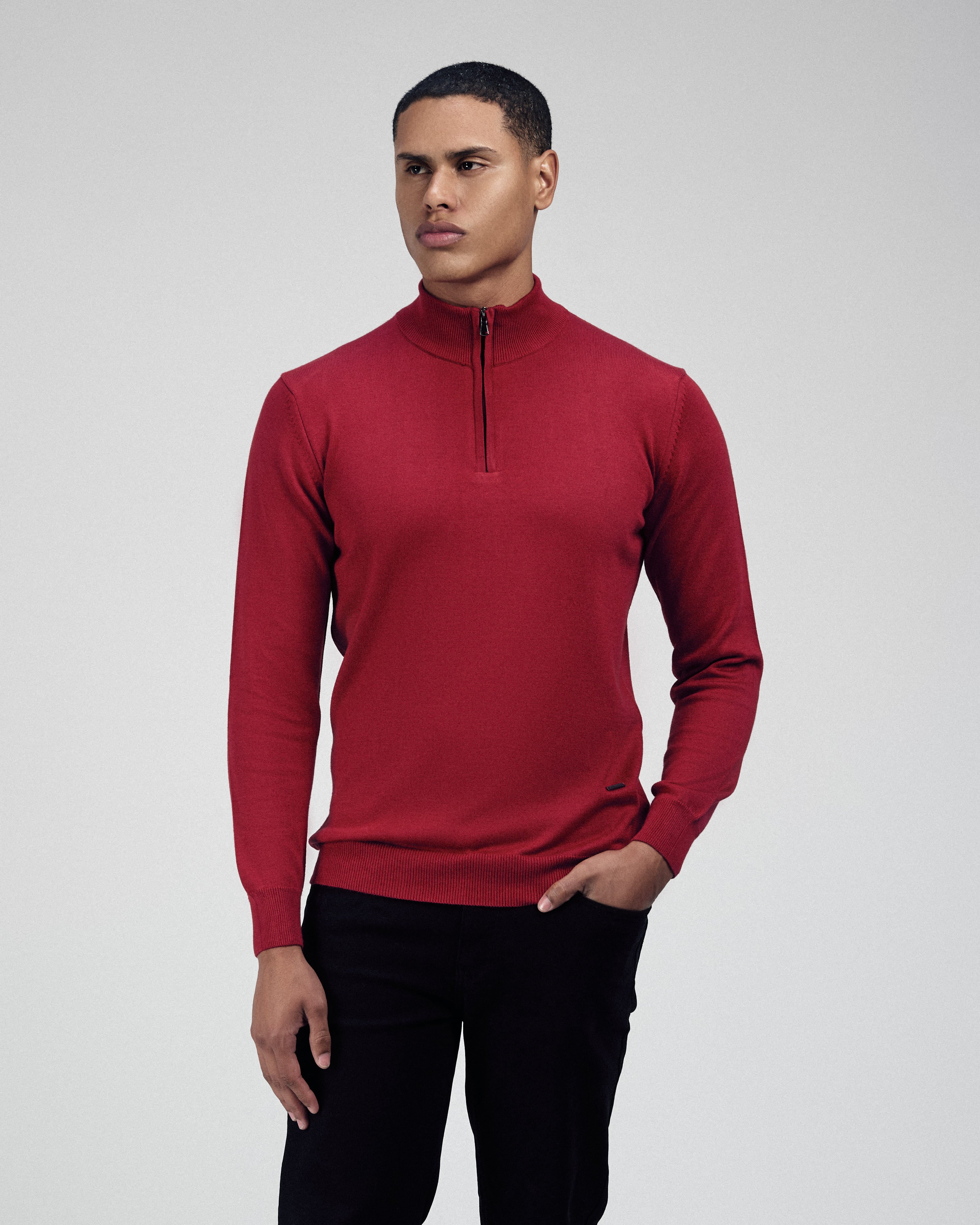 Solid Knitted Dark-Red Half-Zipper Pullover - 2