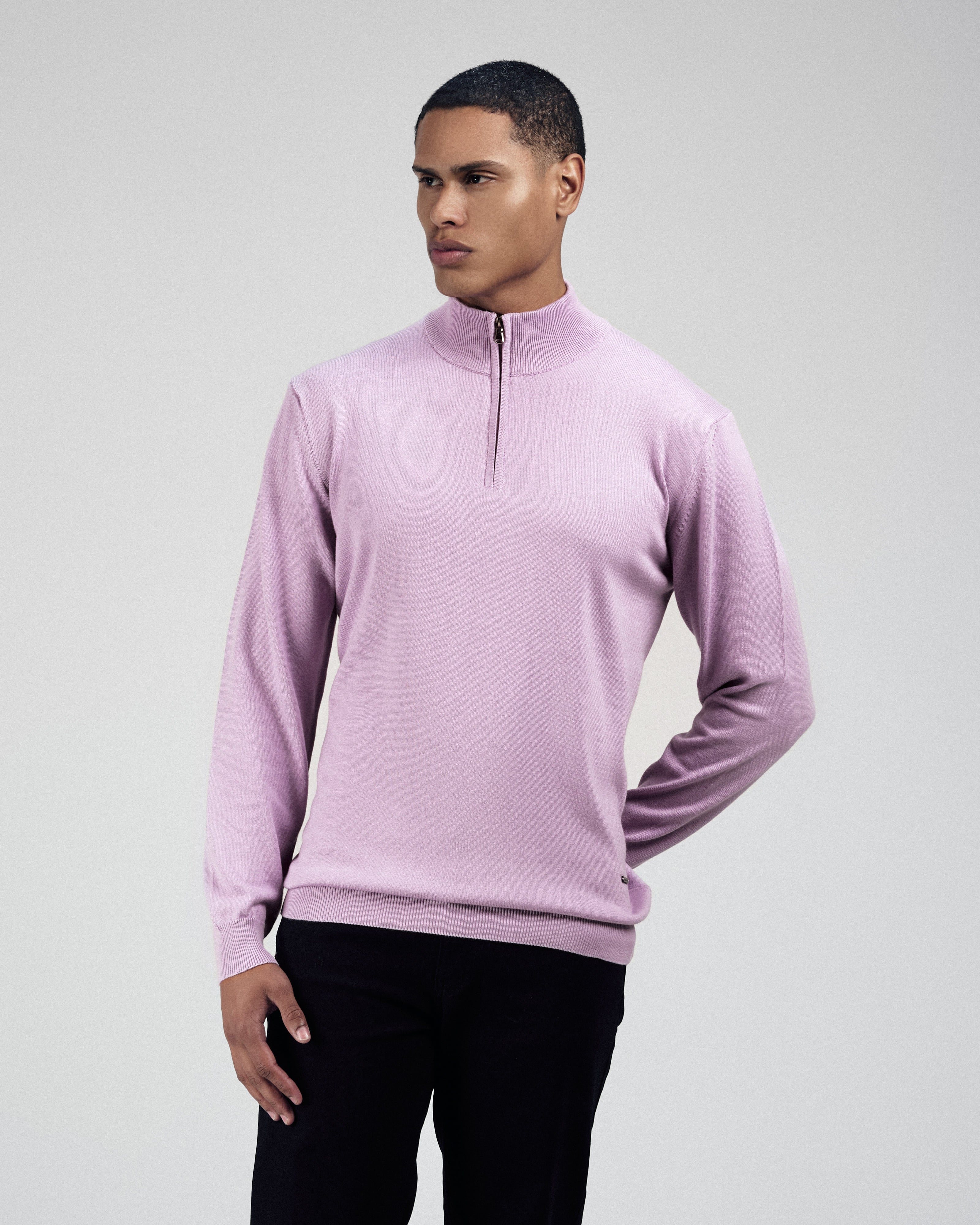 Solid Knitted Mauve Moc-Neck Pullover - 2