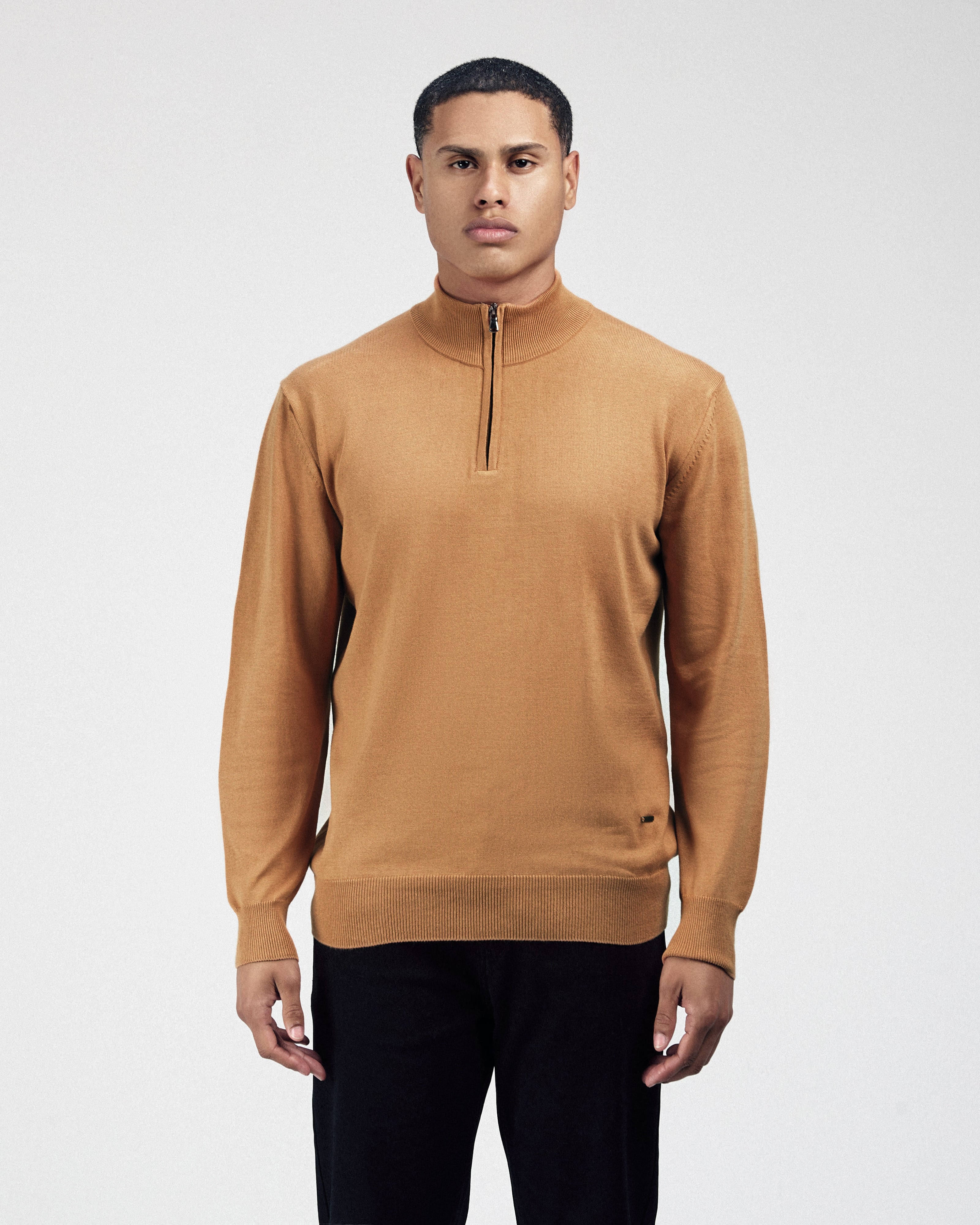 Solid Knitted Orange Half-Zipper Pullover - 2