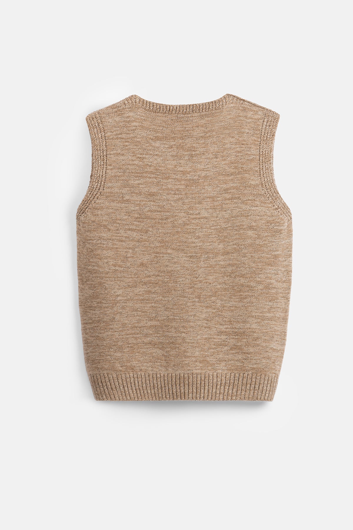 Solid Beige V-Neck Knitwear Vest - 3