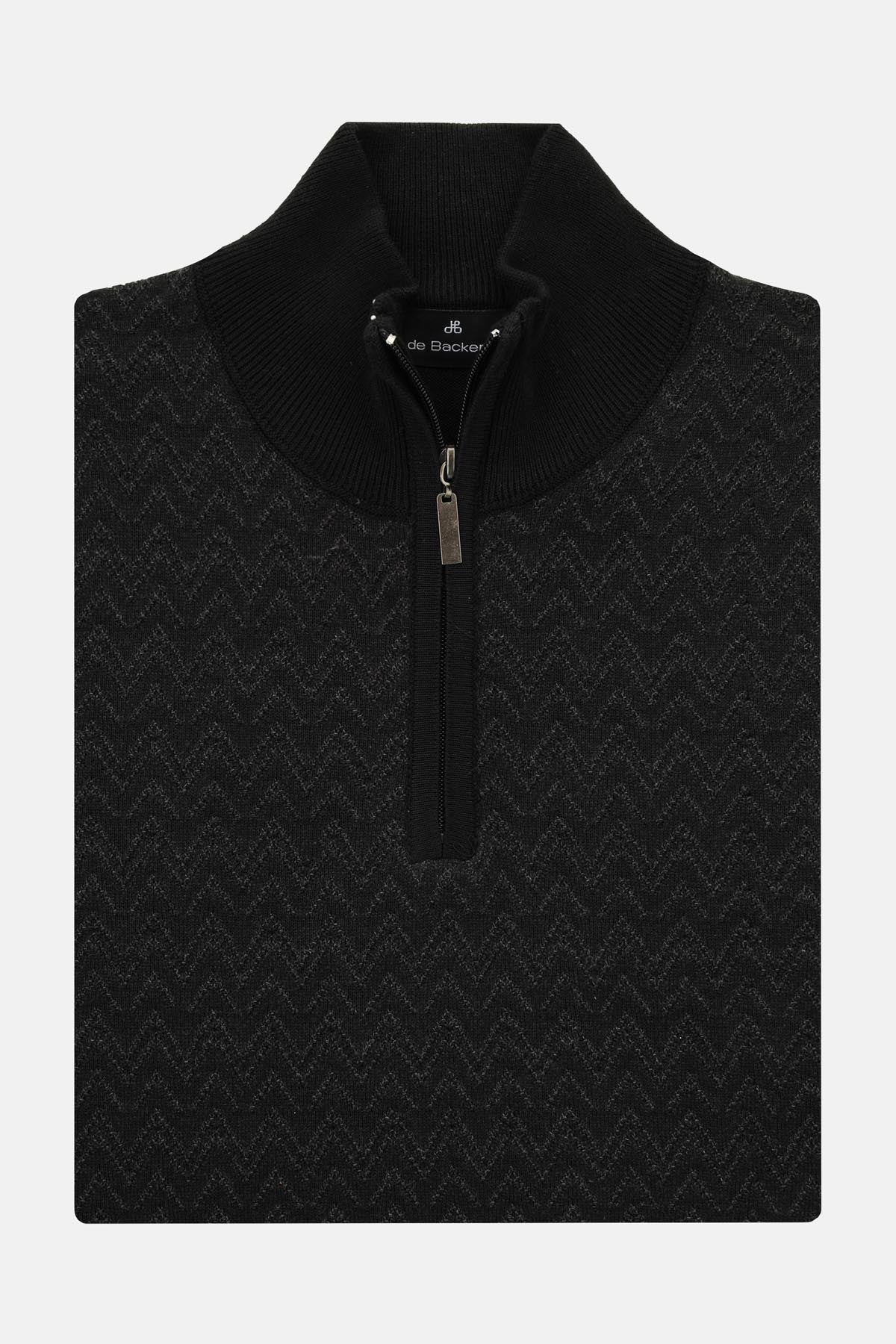 Jacquard Knitted Half-Zipper Black Pullover - 1
