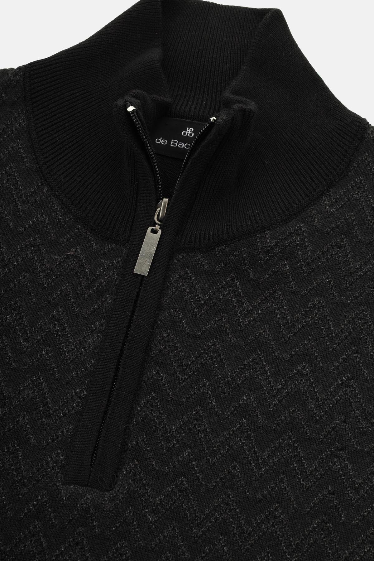 Jacquard Knitted Half-Zipper Black Pullover - 2