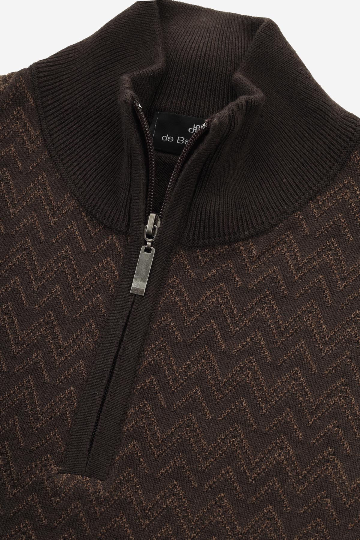 Jacquard Knitted Half-Zipper Saddle Brown Pullover - 2