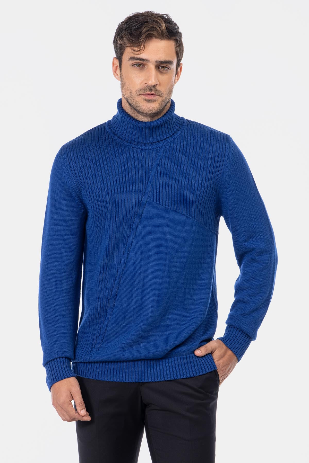 Jacquard Knitted High-neck Byzantine Blue Pullover