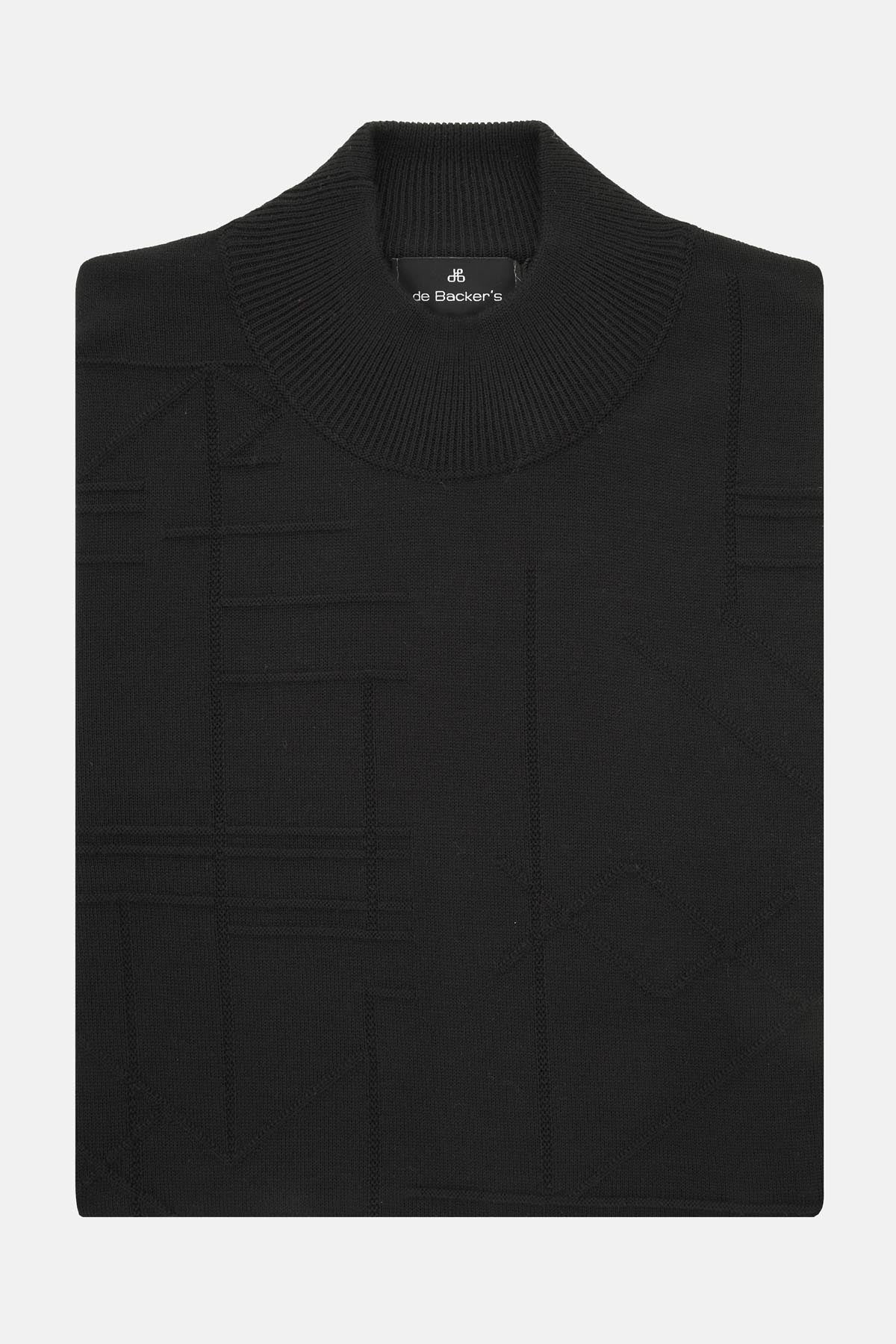 Jacquard Knitted Mock Neck Black Pullover - 1